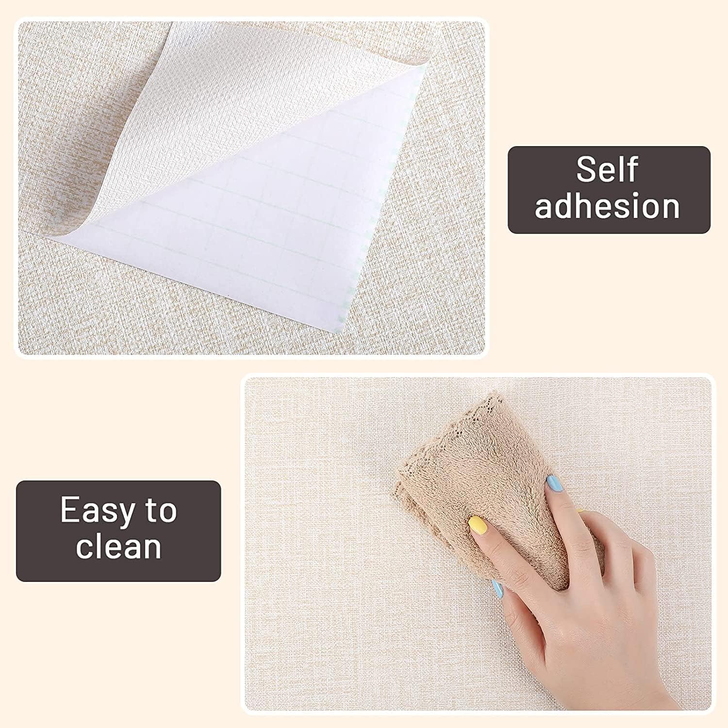 AKANDS Papel tapiz de tela texturizada para despegar y pegar, papel de contacto de vinilo sintético para armarios, baños, encimeras y más (crema,