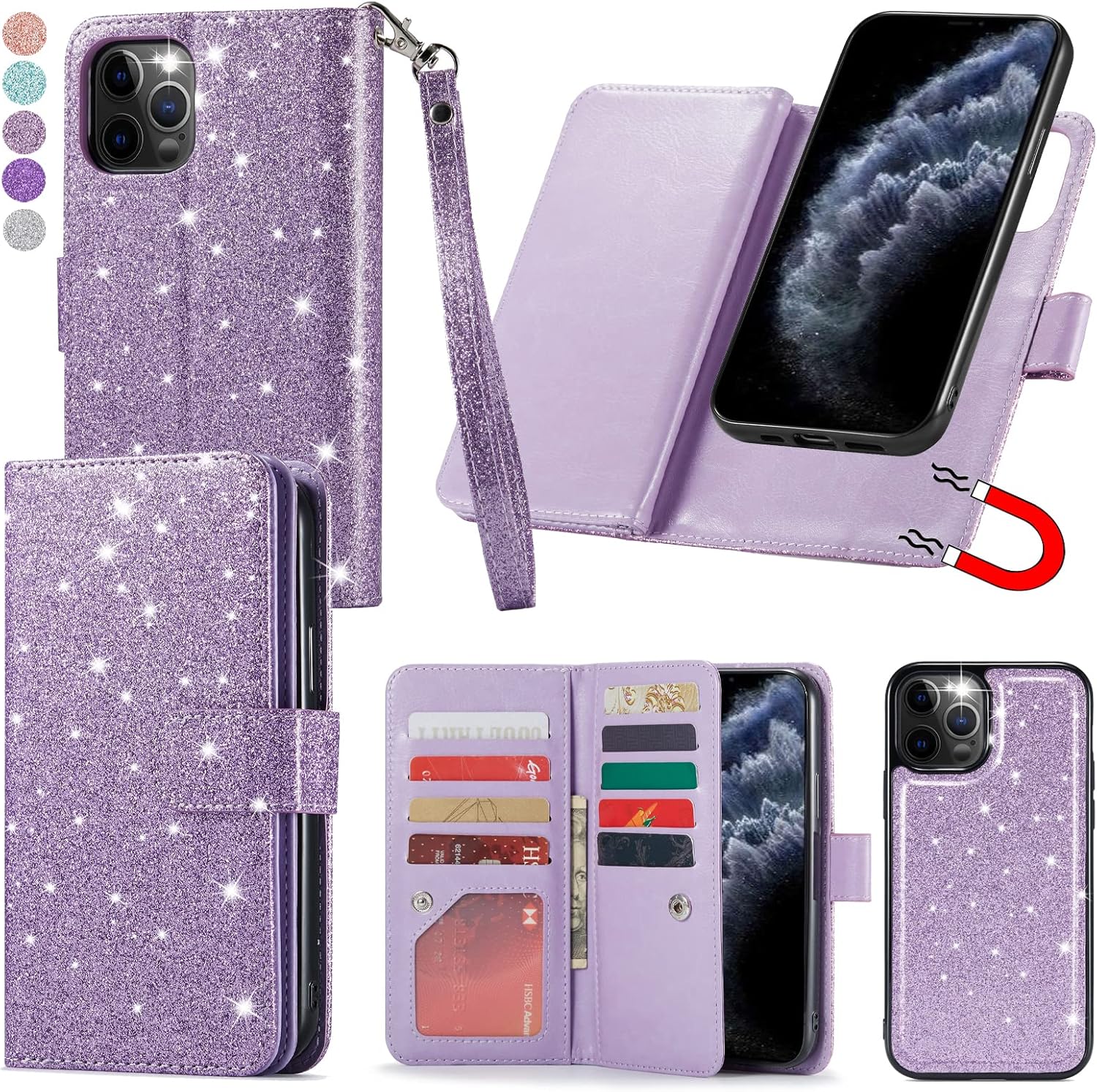 Varikke Funda tipo cartera para iPhone 11 Pro Max, funda magnética desmontable para mujer con tarjetero y soporte y correa para la muñeca, se adapta