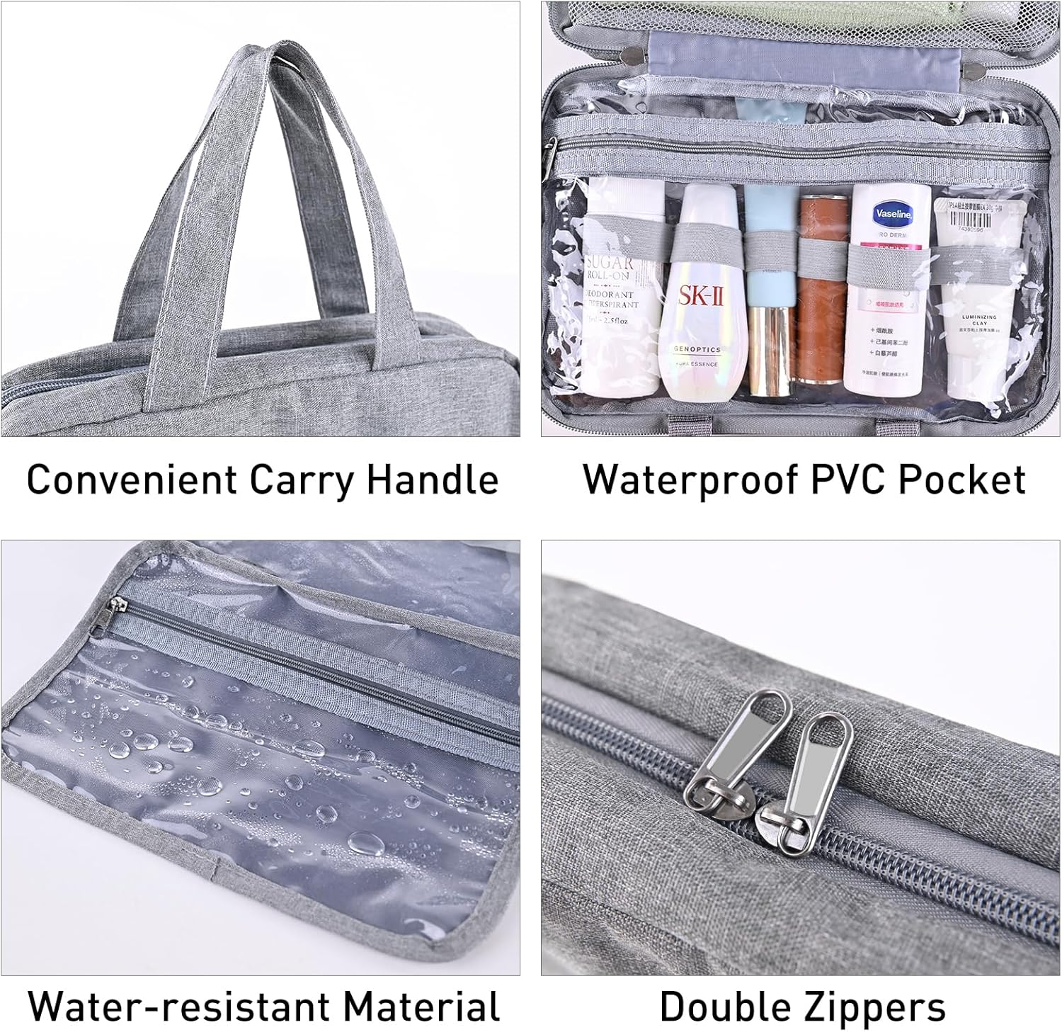 Neceser Bolsa de viaje con gancho colgante Bolsa de cosméticos de maquillaje resistente al agua, Gris