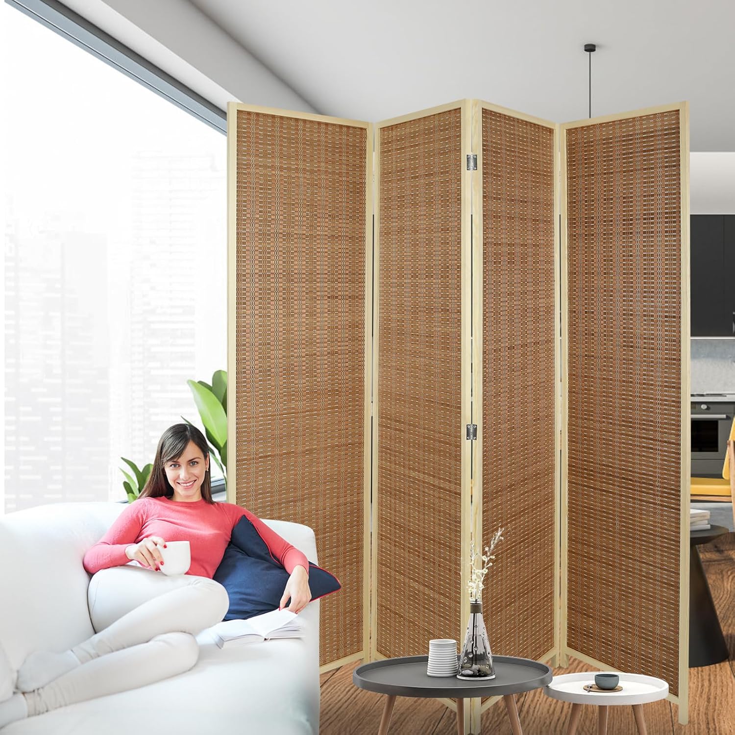 ECOMEX Divisor de habitación de 4 paneles, pantallas de privacidad plegables, divisor de bambú independiente, divisor de partición para separación