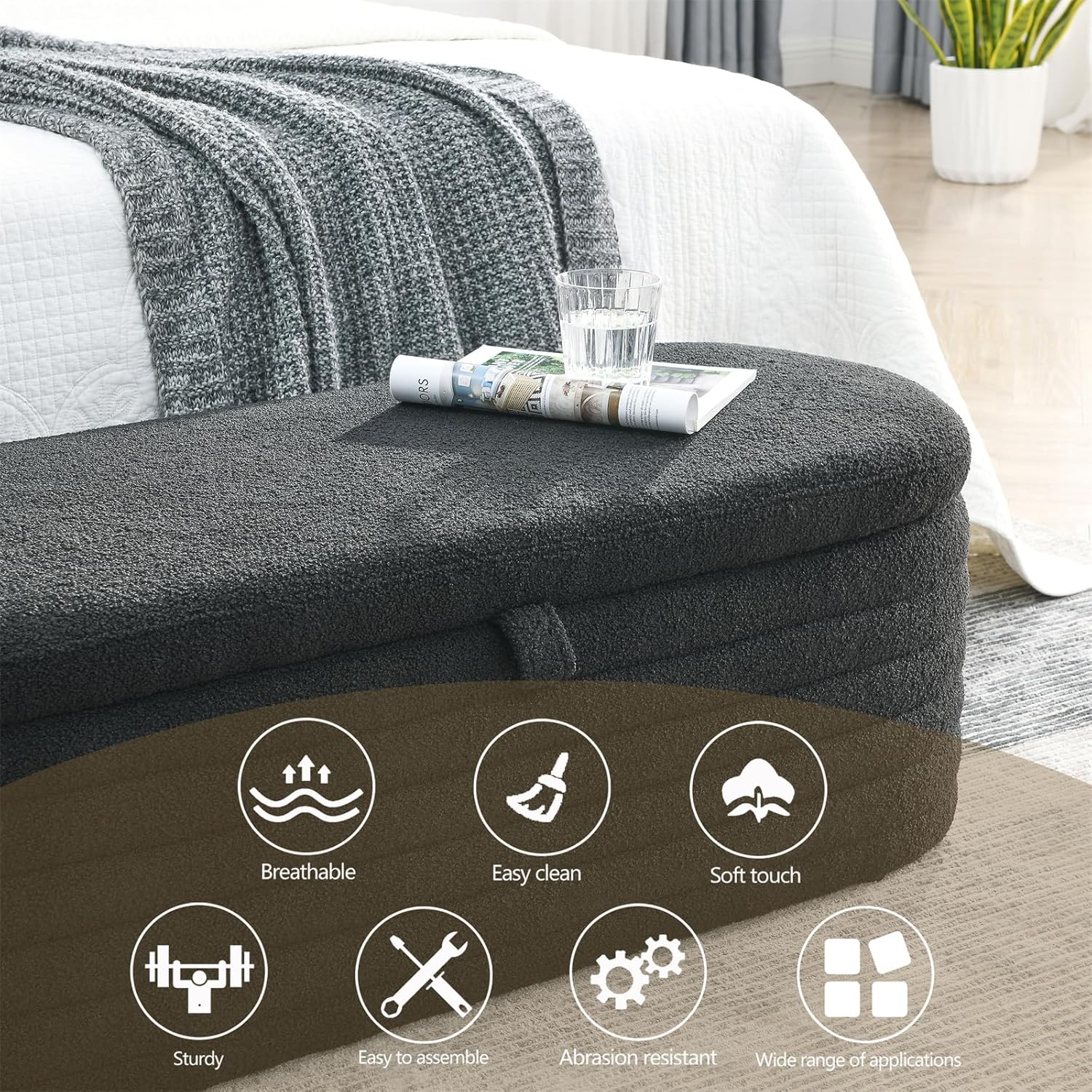 TRIPLE TREE Banco otomano de almacenamiento de 45.5 pulgadas con asiento de 250 libras, banco de almacenamiento tapizado de tela de peluche,