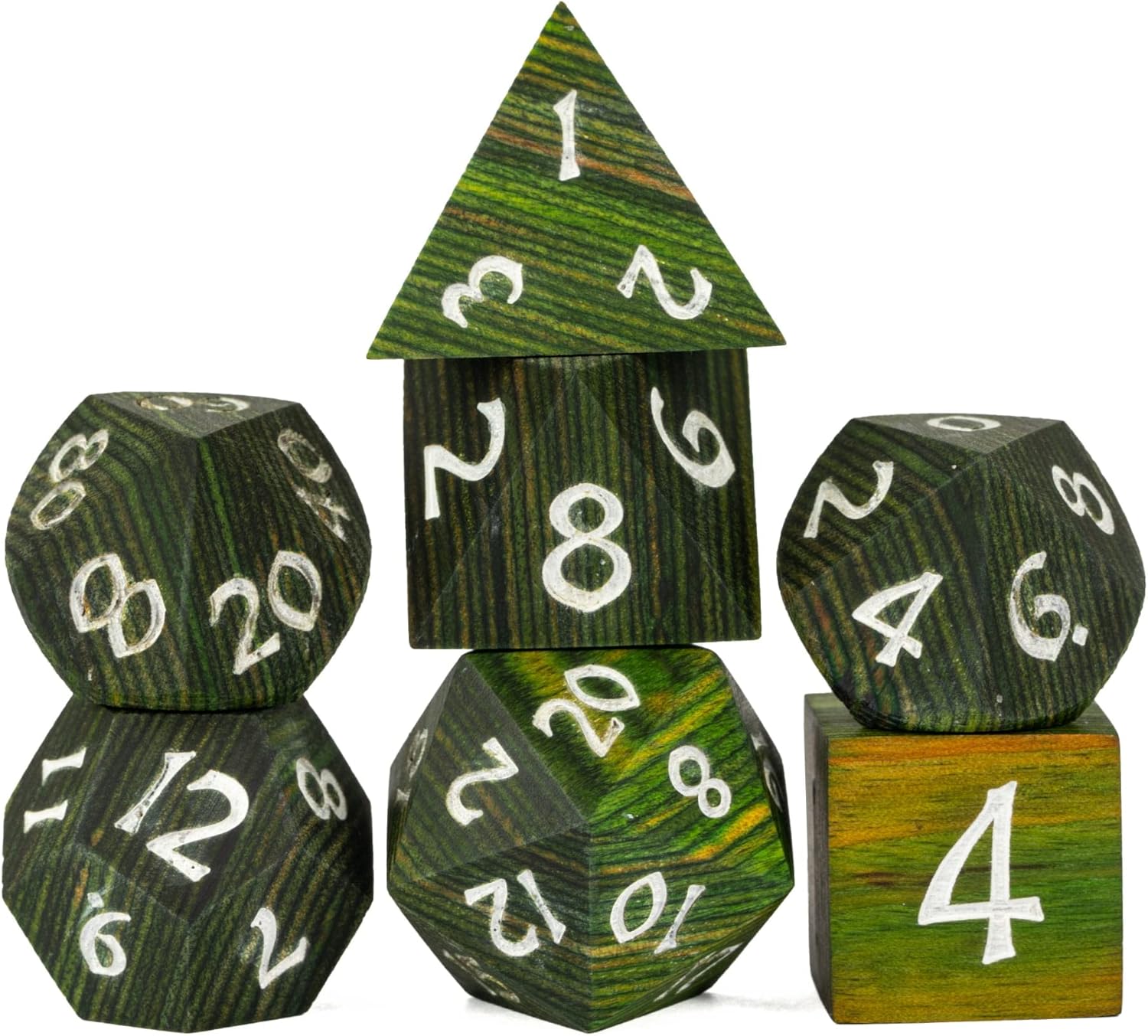 Juego de 7 dados DND poliédricos de madera verde con caja de metal para juegos de rol de Calabozos y Dragones MTG (rayas verdes hierba)