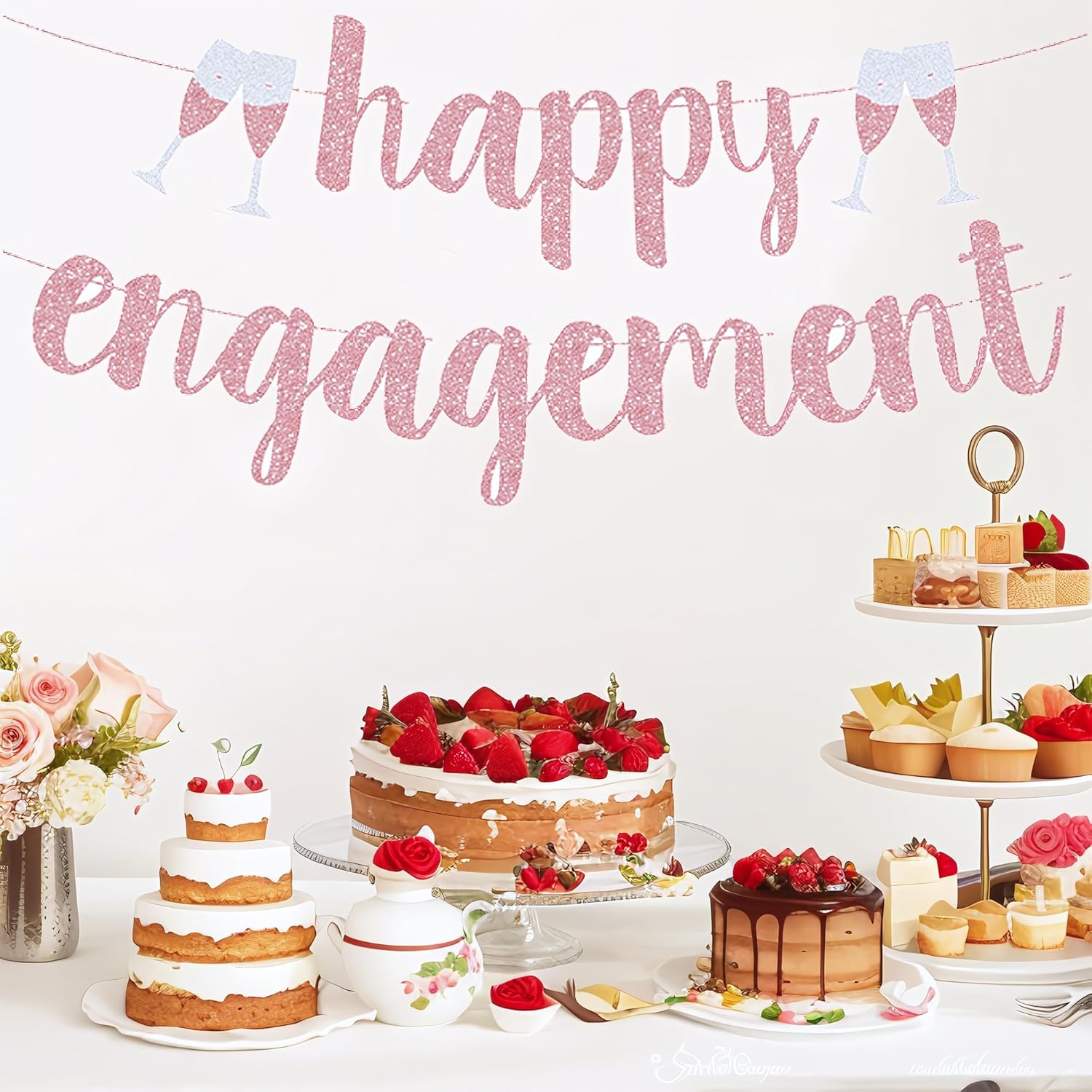 Cartel de compromiso feliz con purpurina de oro rosa, ideal para decoraciones de bodas y fiestas de compromiso, despedidas de soltera y celebrar a