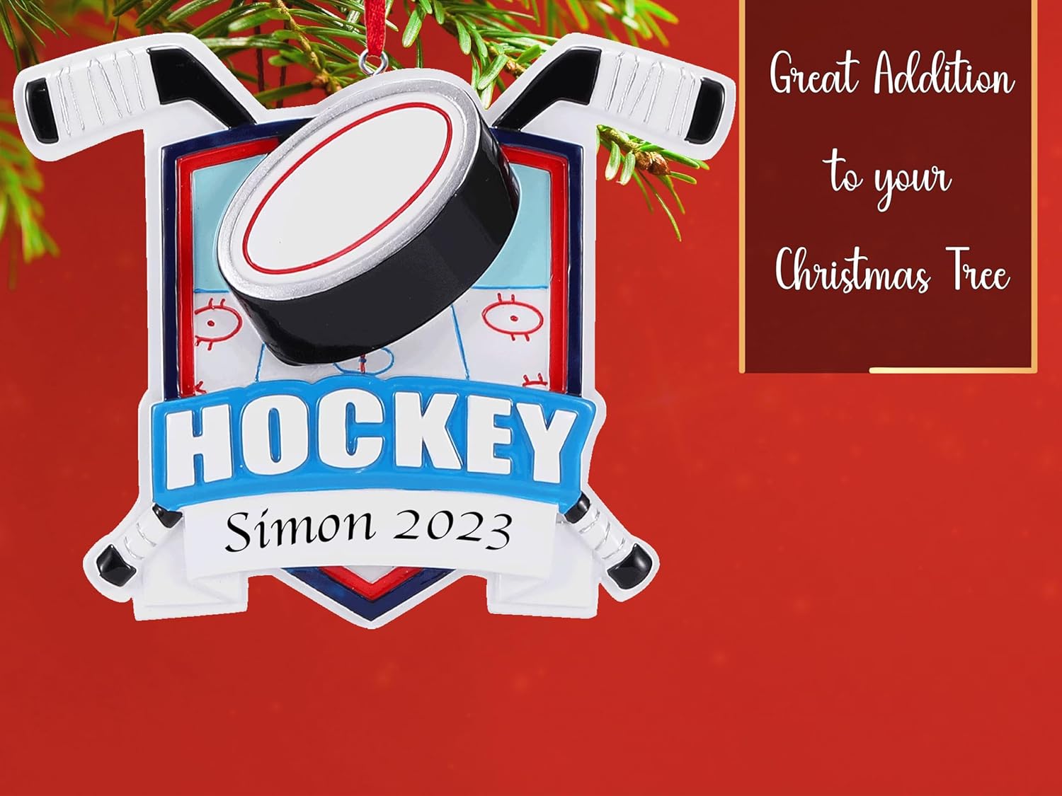 Adorno de Navidad personalizado de hockey sobre hielo 2023  Palos de hockey y disco de decoración del árbol de Navidad para niños y niñas  Regalo de