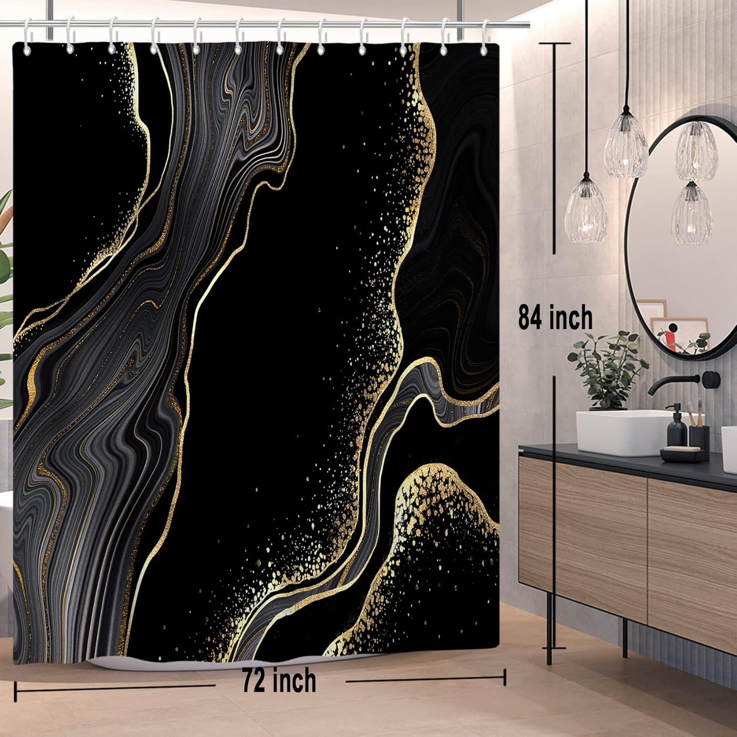 Baocicco Cortina de ducha de mármol negro y dorado, cortinas de ducha abstractas de lujo modernas para bañeras, cortina de ducha de tela impermeable