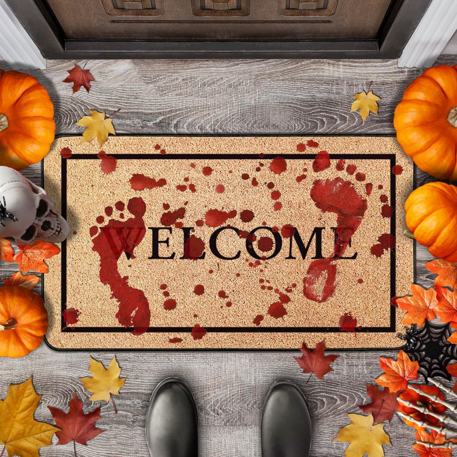 Tapete decorativo de Halloween para puerta delantera al aire libre, tapete de terror con huellas de sangre de 17 x 30 pulgadas, tapete de goma