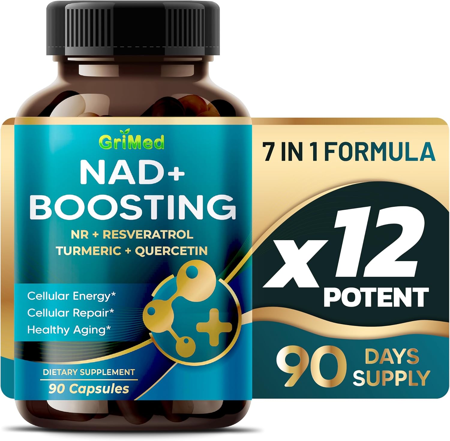 NAD + Potencia de 16,550 mg – x12 con NR + resveratrol cúrcuma + quercetina – Energía celular, reparación celular, envejecimiento saludable –