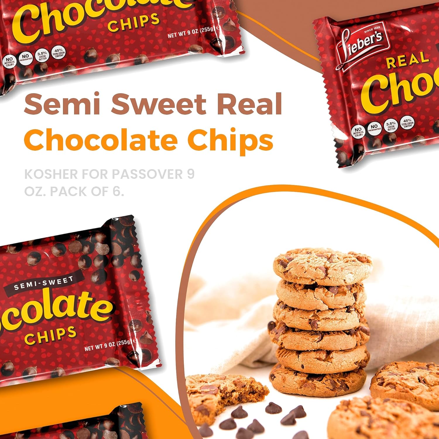 Lieber’s – Chips de chocolate real semitulce vegano, 9 onzas, sin gluten, sin lácteos, Kosher Parve, chips de chocolate bajos en calorías para