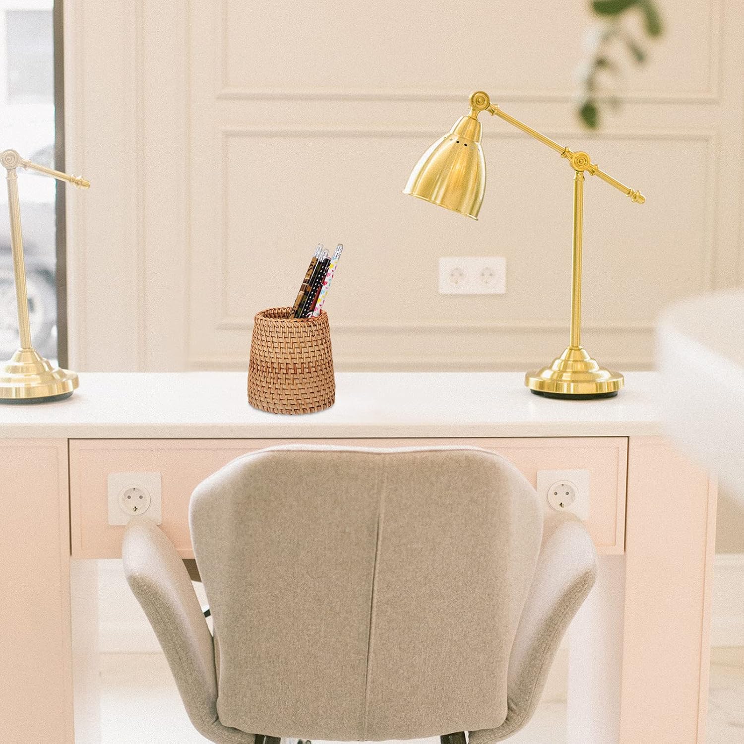 Cabilock Soporte para bolígrafo Decoración de mesa de boda Jarrón de mimbre Mini soporte de lápiz cesta de ratán contenedor de brochas de maquillaje