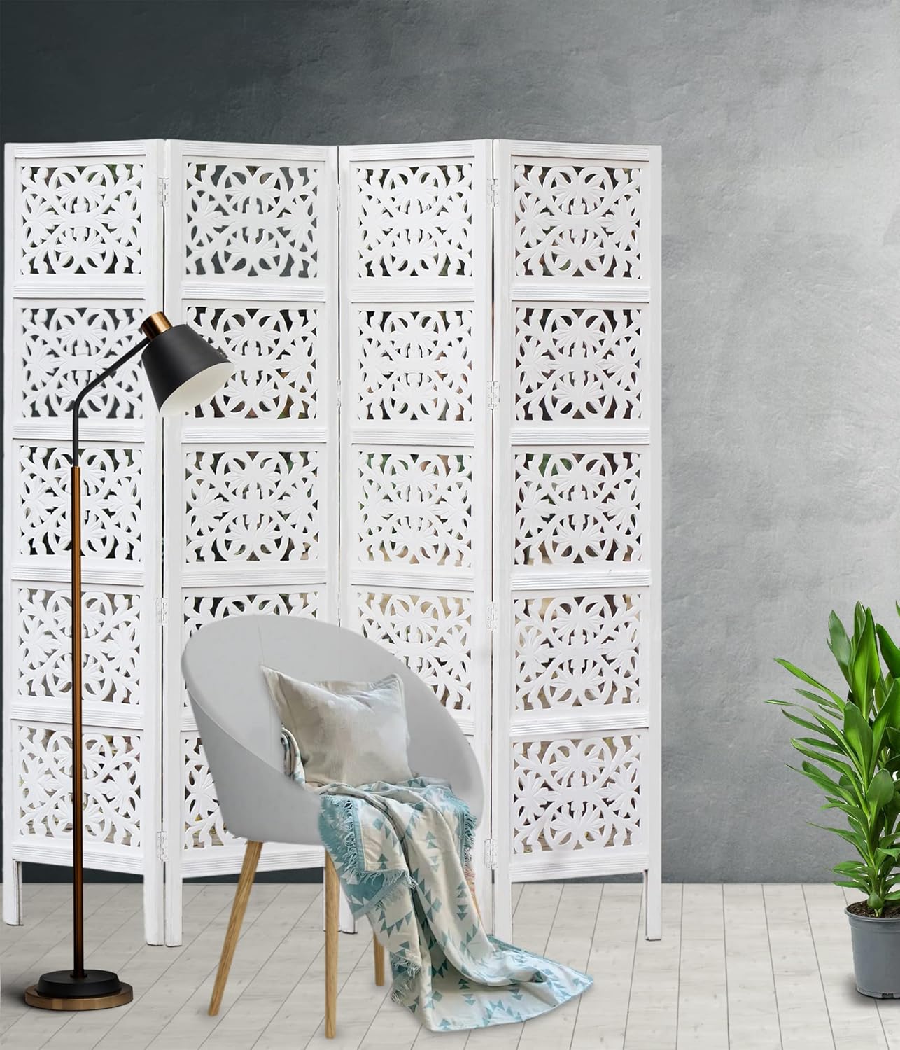 Rania – Partición de madera para separar habitaciones, color blanco antiguo, 4 paneles plegables de 72 x 80 pulgadas, intrincada tallada a mano,