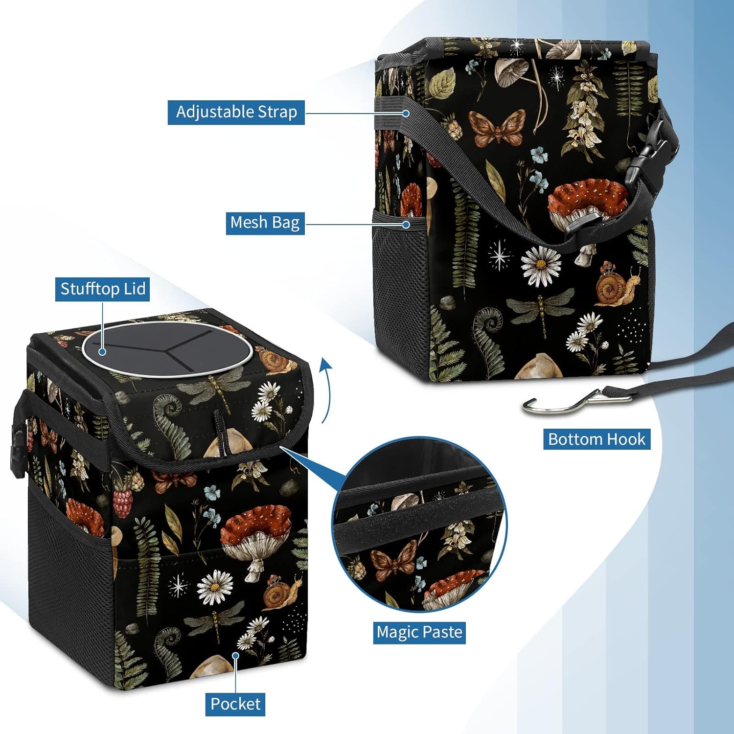 GACTIVITY Bote de basura para auto con tapa, plegable, reutilizable, impermeable, con setas, botes de basura para automóvil, accesorios para