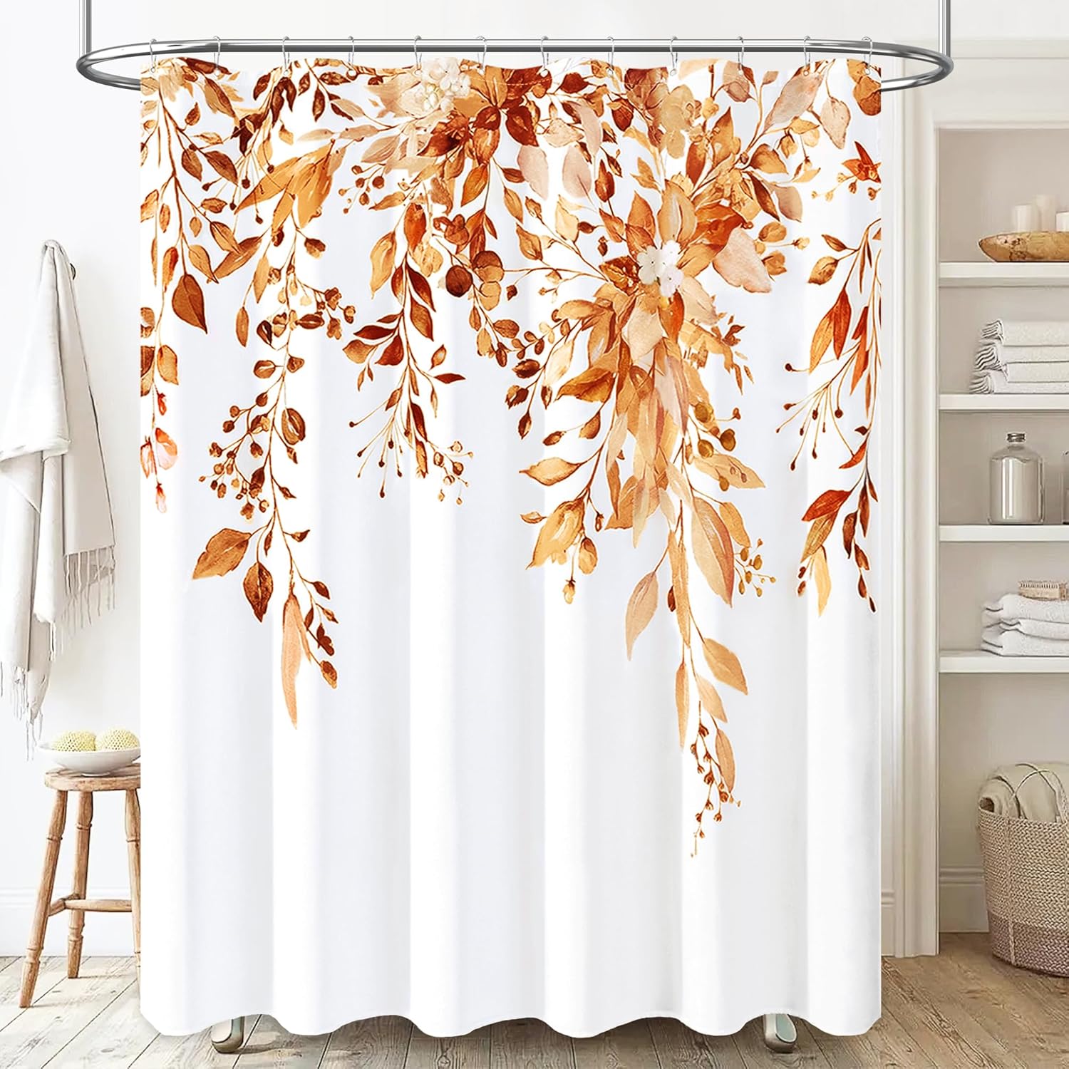 Cortina de ducha de eucalipto naranja, juego de cortina de ducha de tela floral con ganchos de plástico, resistente al agua, cortinas de ducha de
