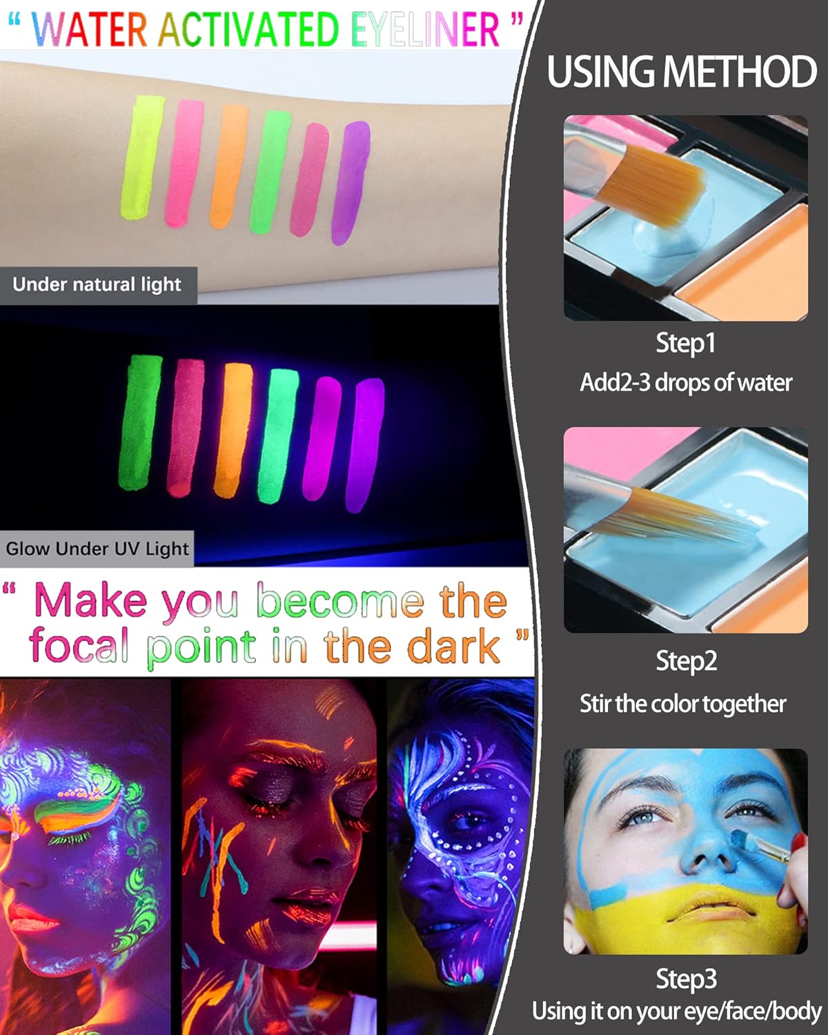 Paleta de pintura activada por agua de neón de 10 colores, gráfico hidra de brillo UV de arcoíris mate, delineador de ojos neón luminoso de color,