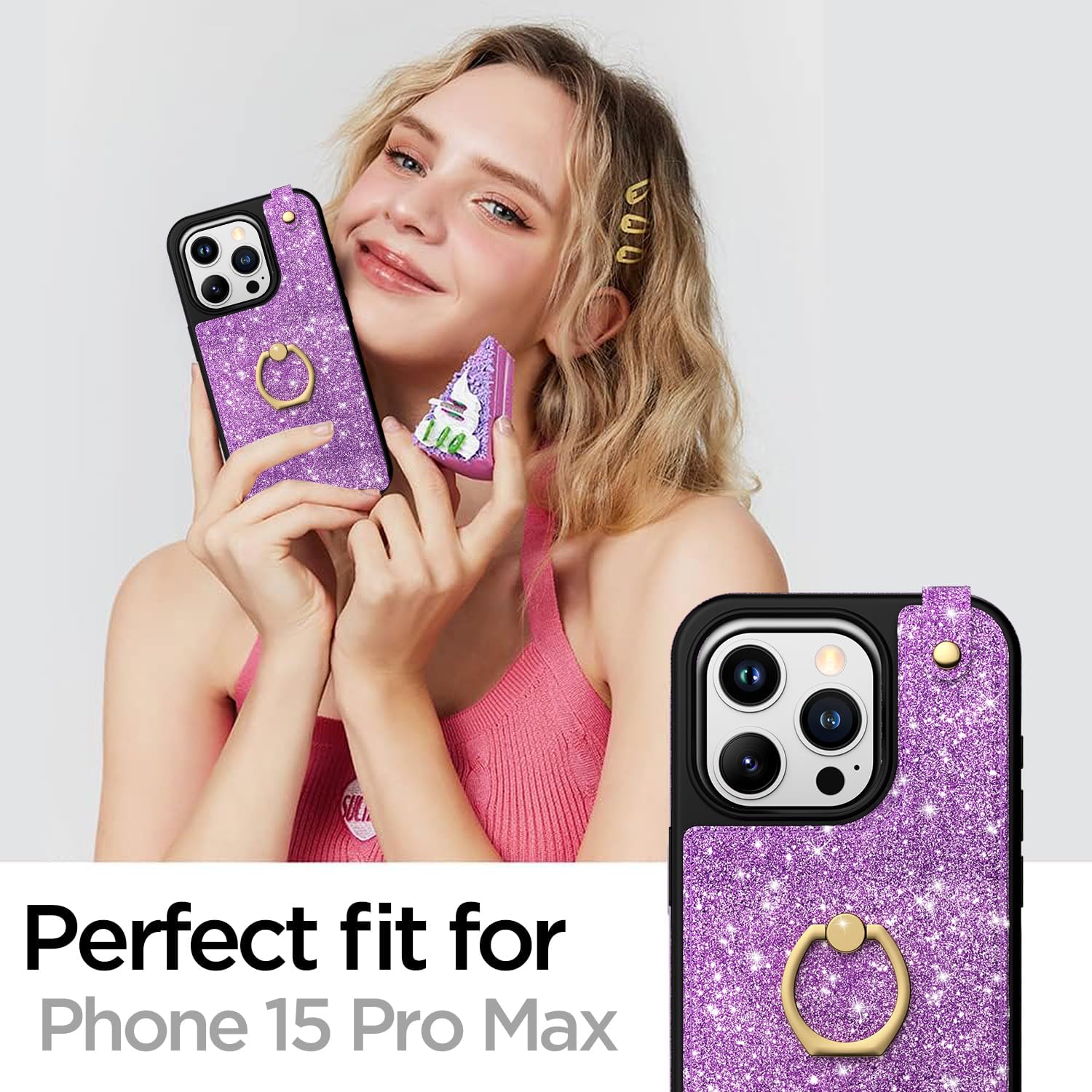 AICase Funda para tarjetas compatible con iPhone 15 Pro Max, funda protectora con purpurina brillante para mujer con soporte de anillo y 8 ranuras