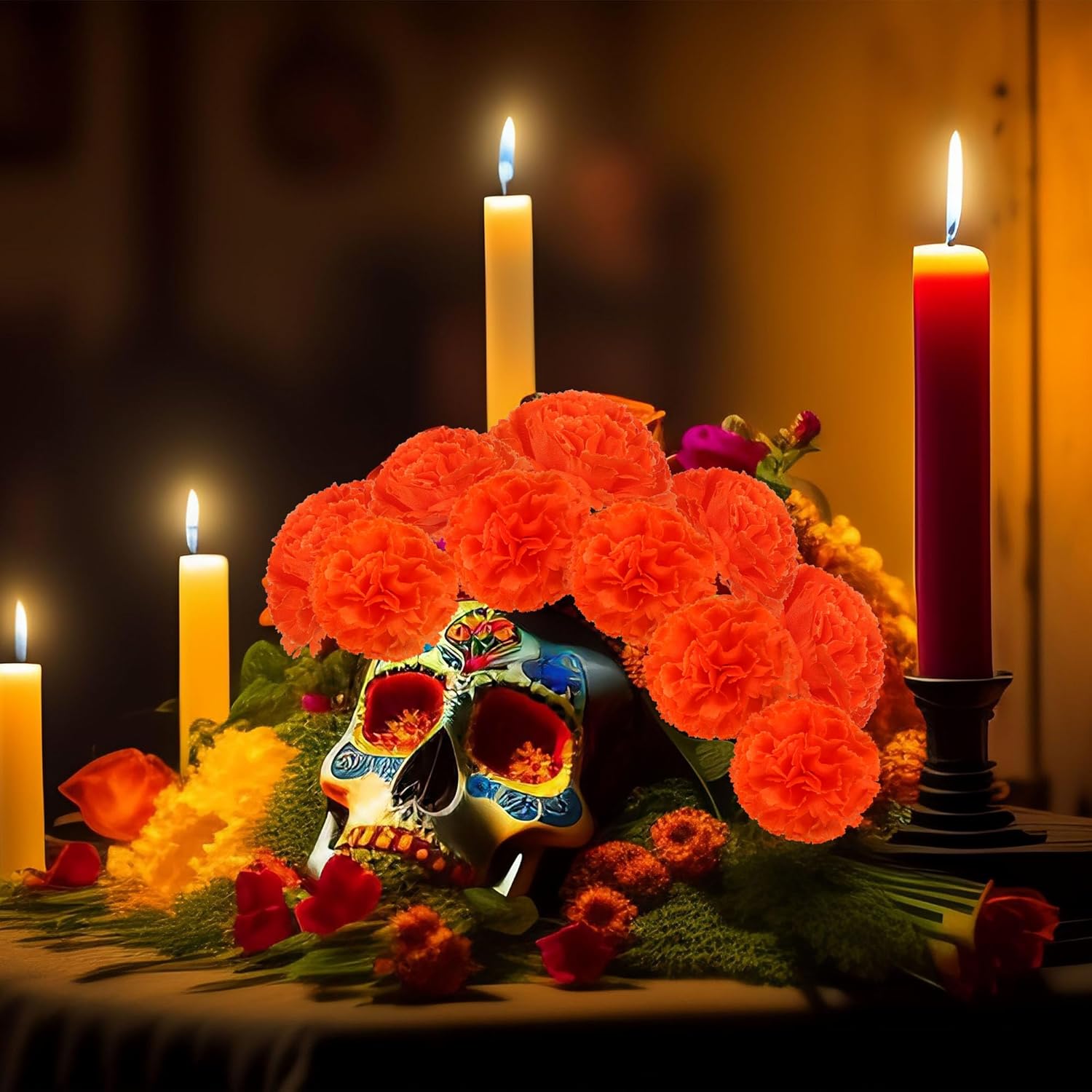 59 pancartas mexicanas de caléndula artificiales, flores de caléndula artificiales, flores naranjas de seda para el Día de los Muertos, Día de los