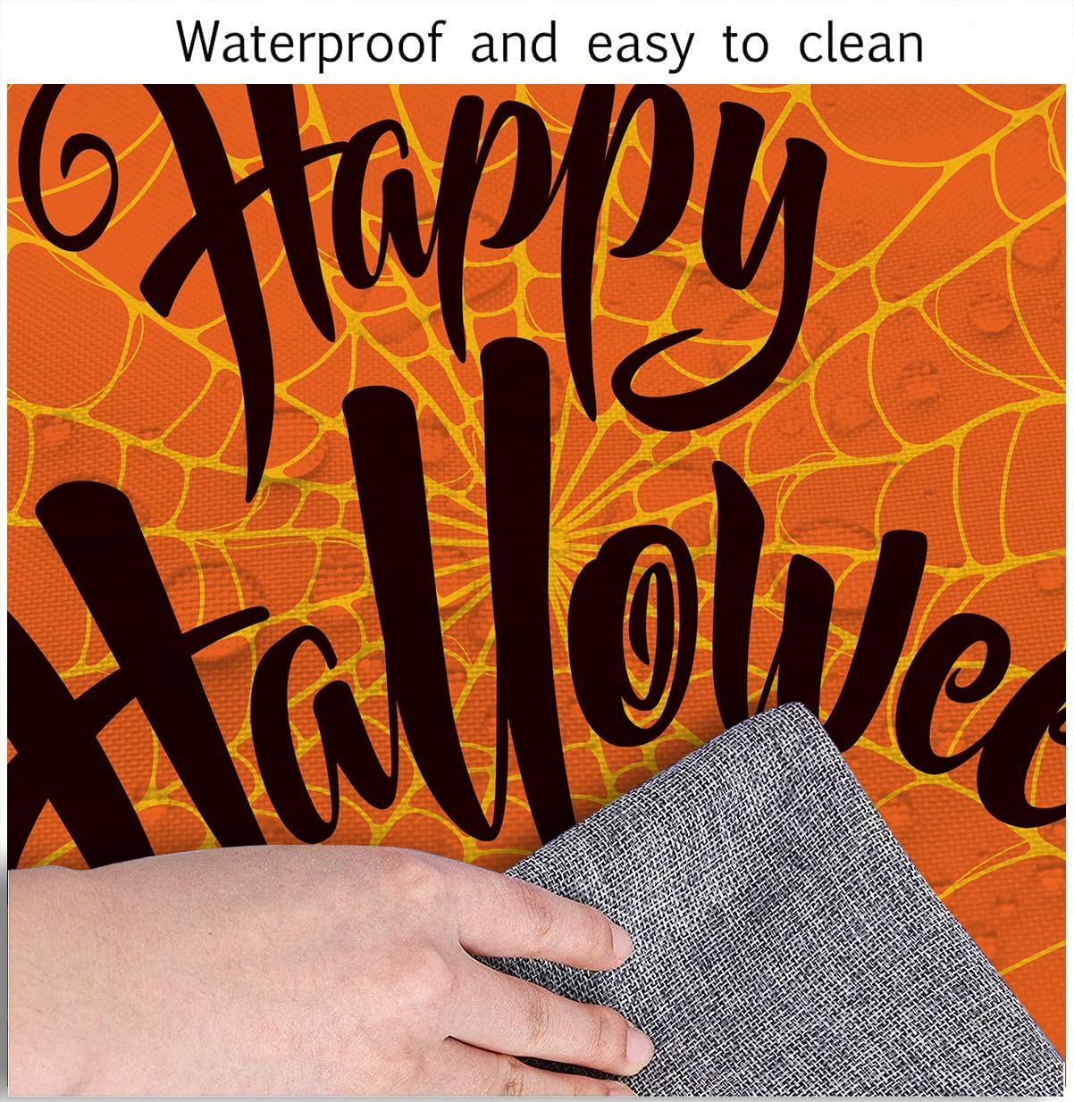SongYi Mantel cuadrado de poliéster ajustable para Halloween, tela de araña naranja, borde elástico, decoración del hogar, manteles temáticos