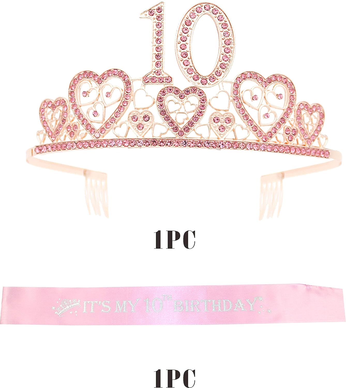 Banda y tiara de cumpleaños número 10 para niñas, fabulosa banda con purpurina + corazones de diamantes de imitación, tiara de metal rosa de alta
