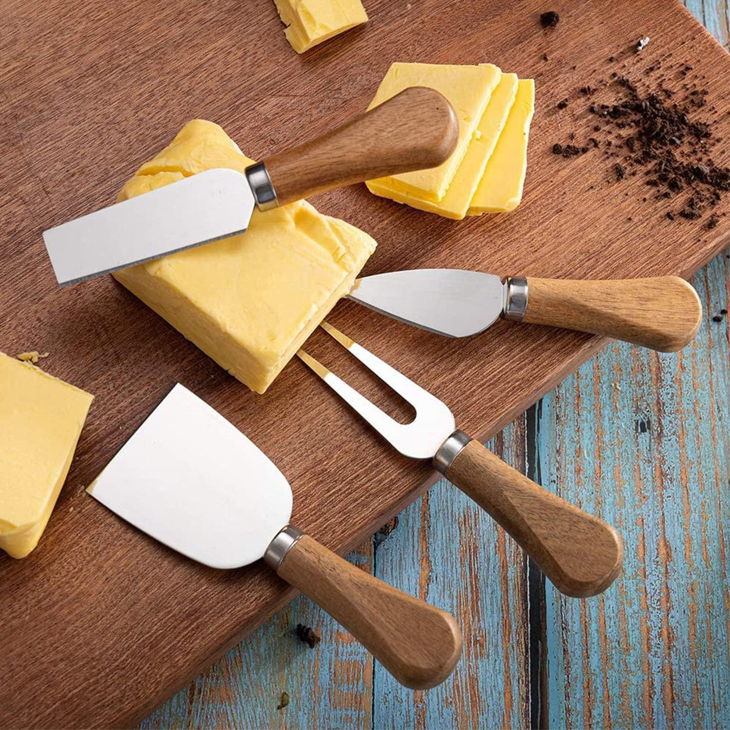 Juego de cuchillos de queso con mango de madera, mini cuchillo de acero inoxidable para embutidos y queso, perfecto para cortar queso y cortador de