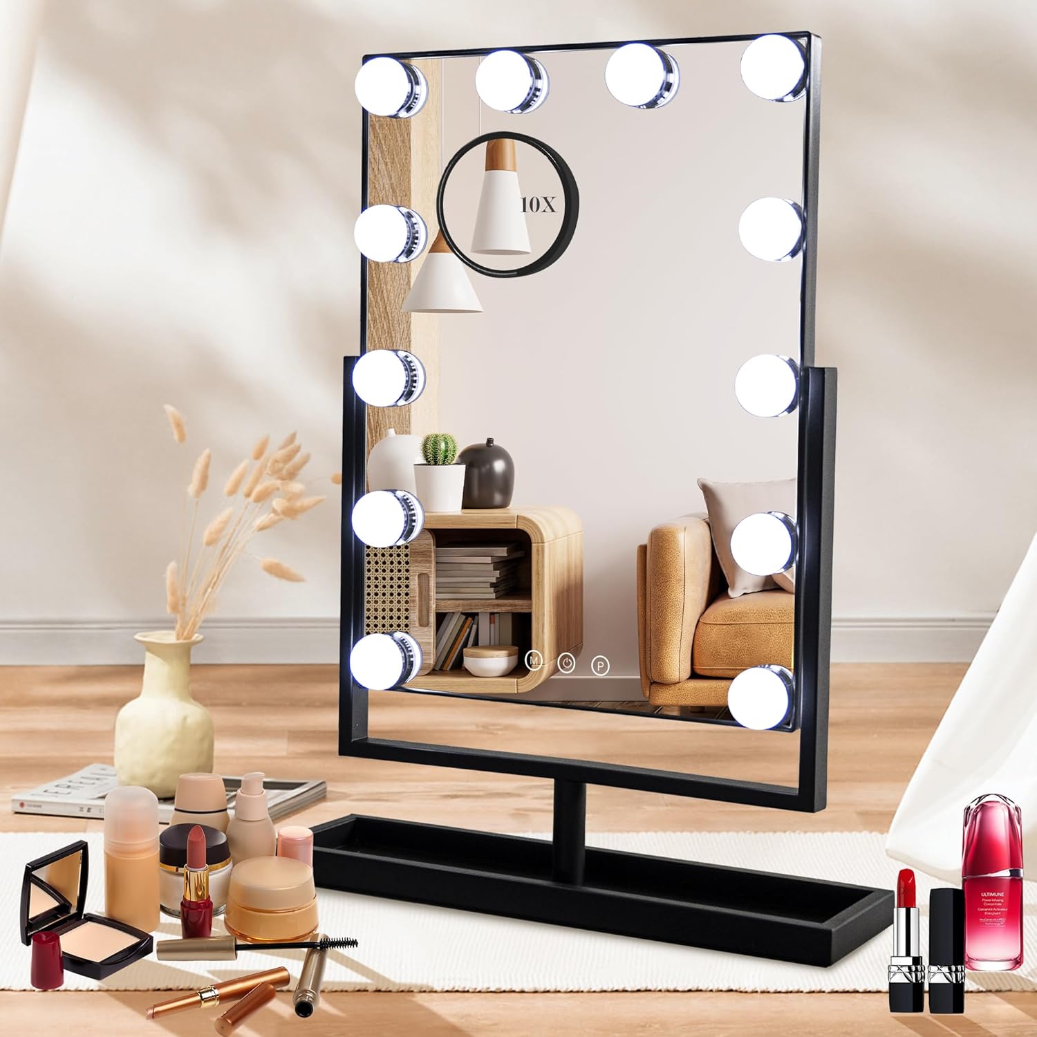 SLIMOON Espejo de tocador con luces, 12 bombillas LED regulables, espejo Hollywood desmontable, 10 aumentos, control táctil, espejo de maquillaje