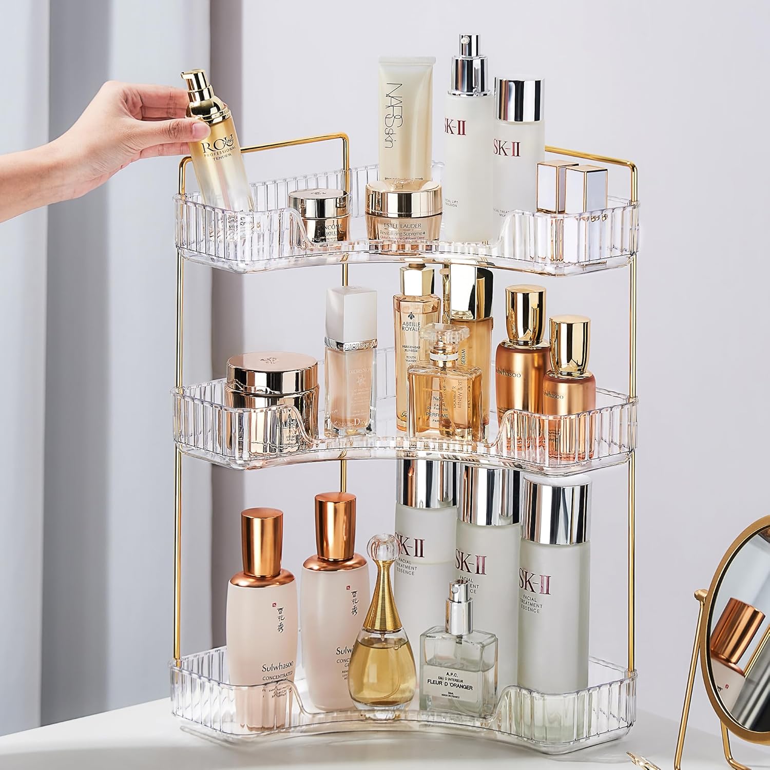 Organizador de maquillaje, organizador de esquina de 3 niveles, organizador de maquillaje acrílico de gran capacidad para tocador, cosméticos de
