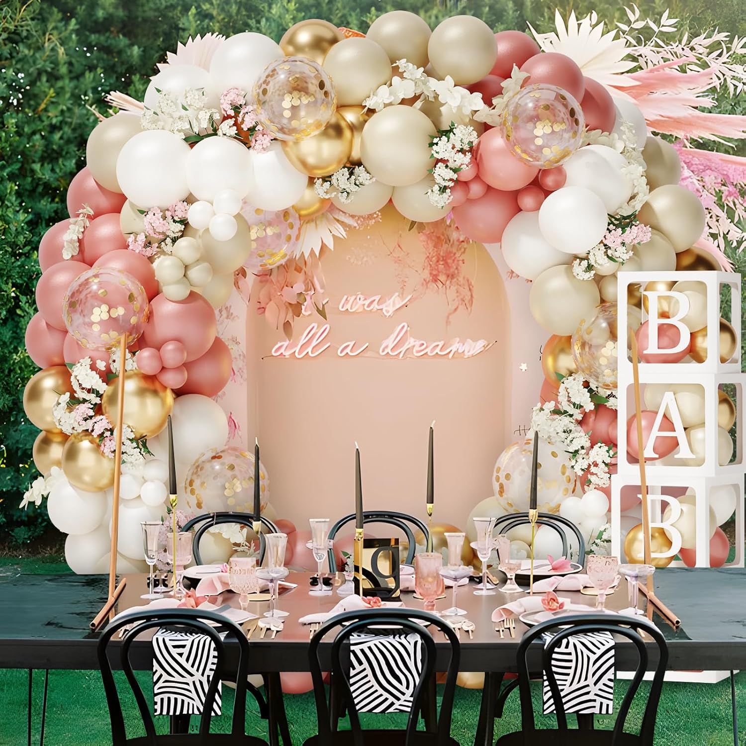 Decoraciones de baby shower para niña, kit de arco de globos retro rosa, blanco y dorado, 4 cajas con letras para baby shower, decoraciones de feliz