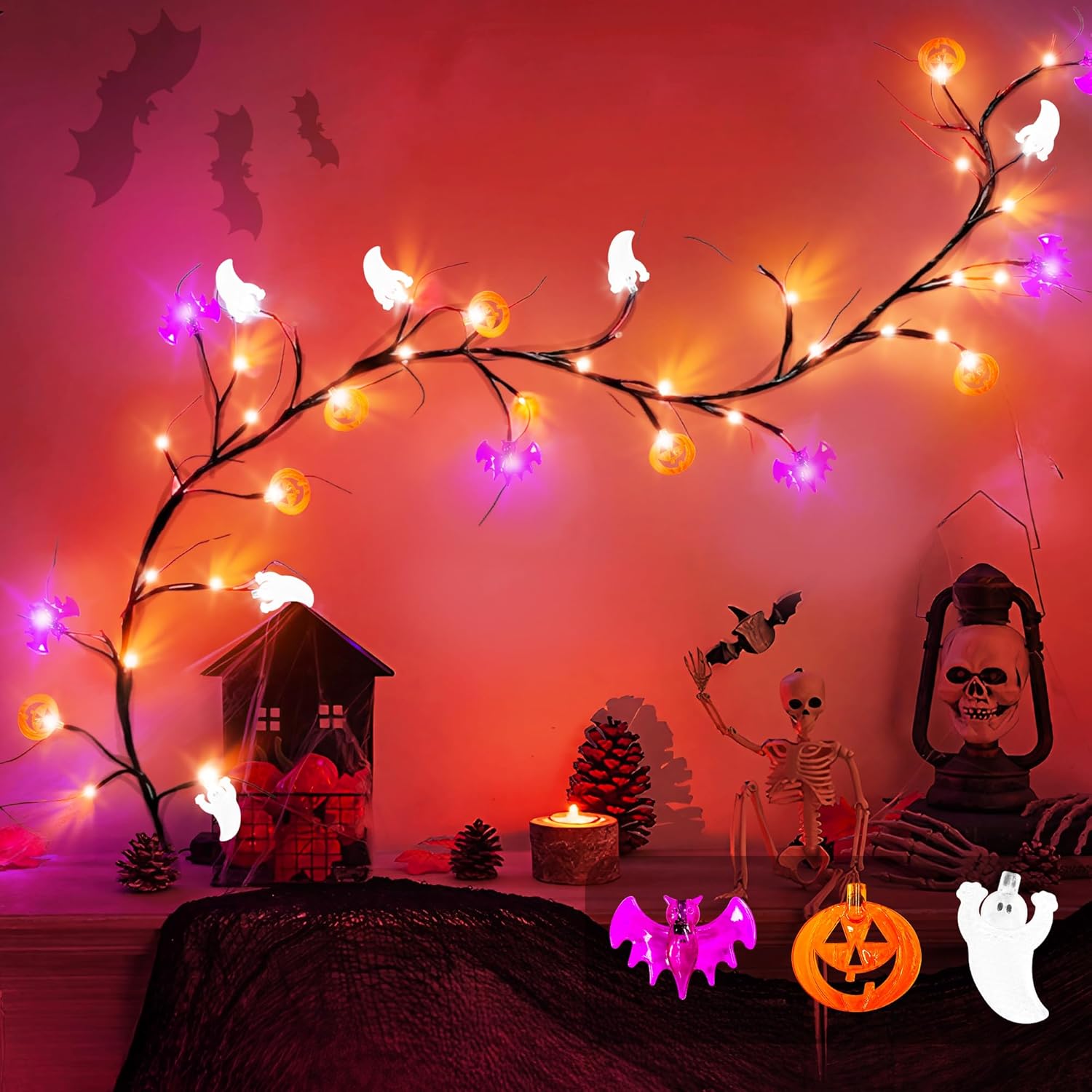 Luces de Halloween naranjas y moradas, guirnalda de Halloween de ramita de sauce de 6 pies, 54 LED con calabazas, murciélagos y luces fantasma, 8