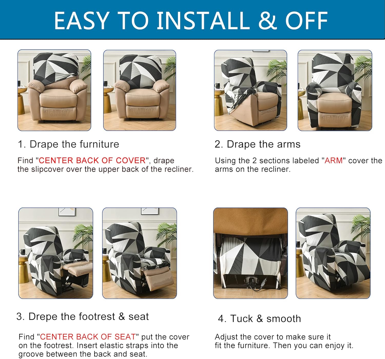 KRFOONN Fundas elásticas para sofá reclinable con estampado, 4 piezas, colección Fallon, fundas para sillas de niño perezoso, protector de muebles,