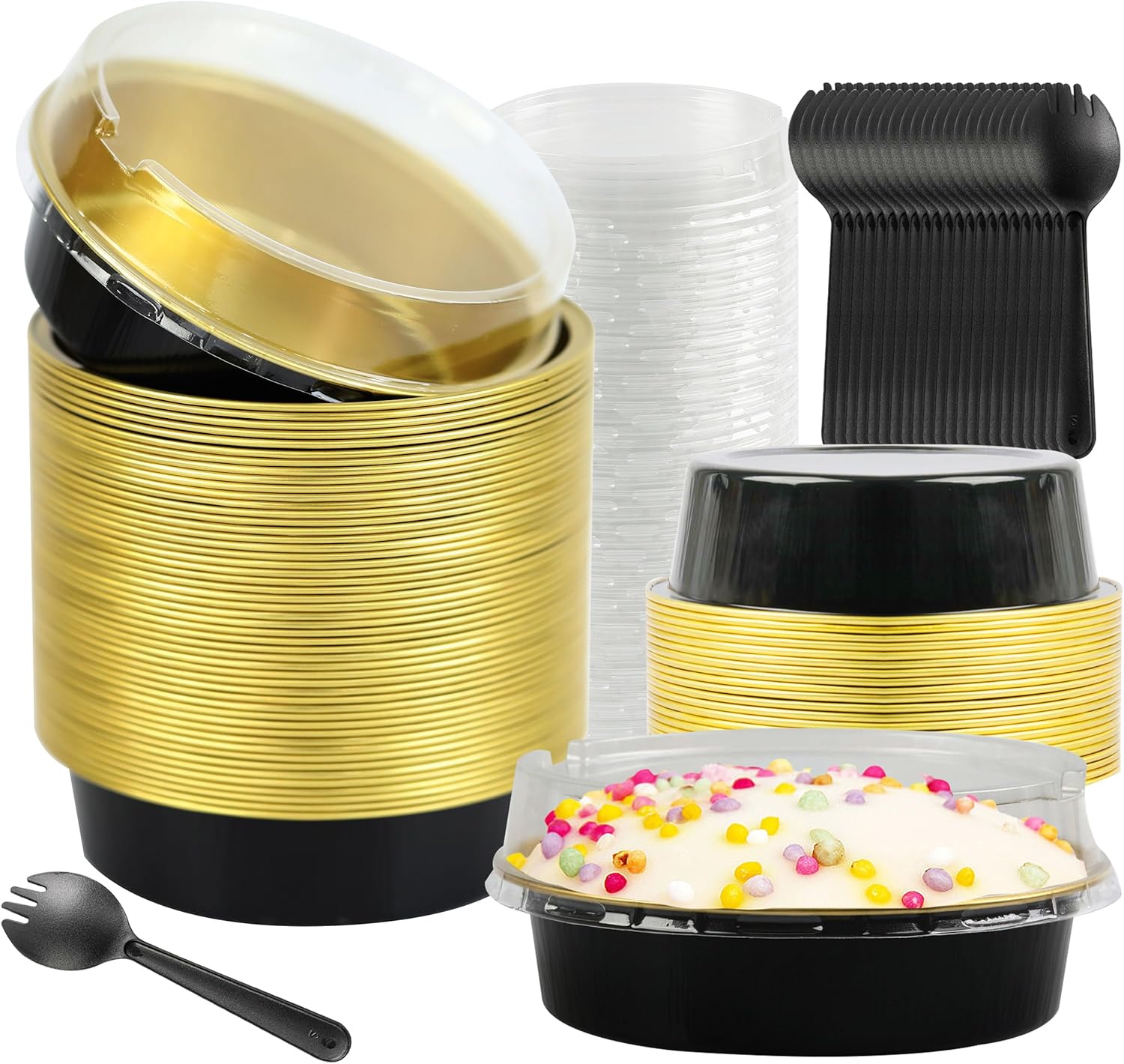 BAKINGPAK Mini moldes para pasteles con tapas, 50 unidades de papel de aluminio desechables de 7.2 onzas, moldes individuales para tartas de
