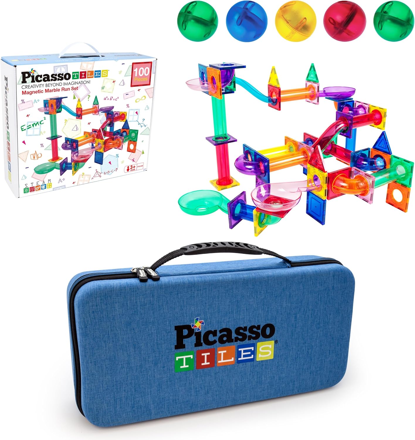 PicassoTiles Paquete de 100 piezas de pista de carreras de canicas + estuche de transporte juego educativo STEAM para niños, incluye organizador de