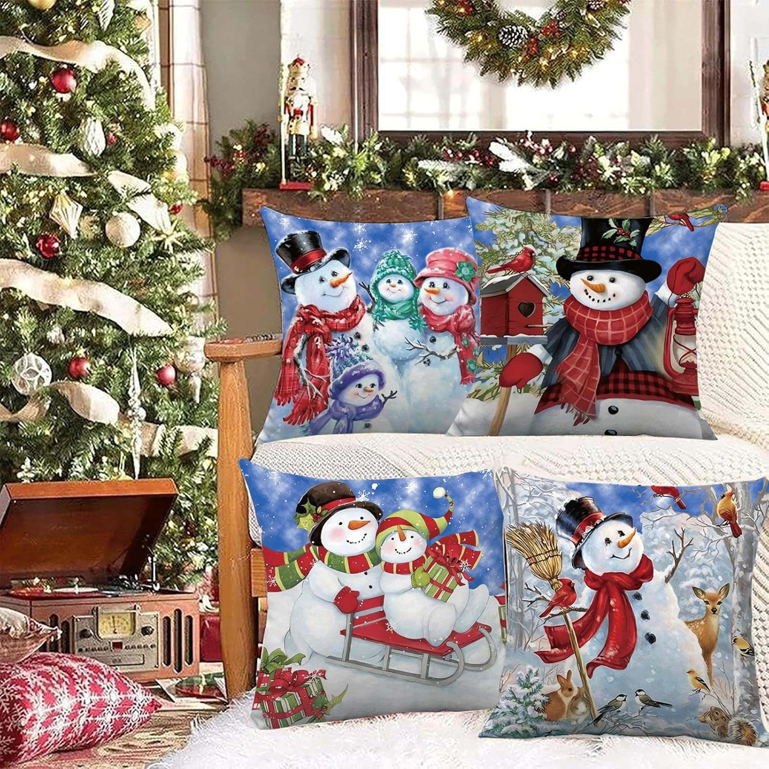 Juego de 4 fundas de almohada de muñeco de nieve de Navidad de 18 x 18 pulgadas, fundas de almohada de terciopelo suave para sala de estar,