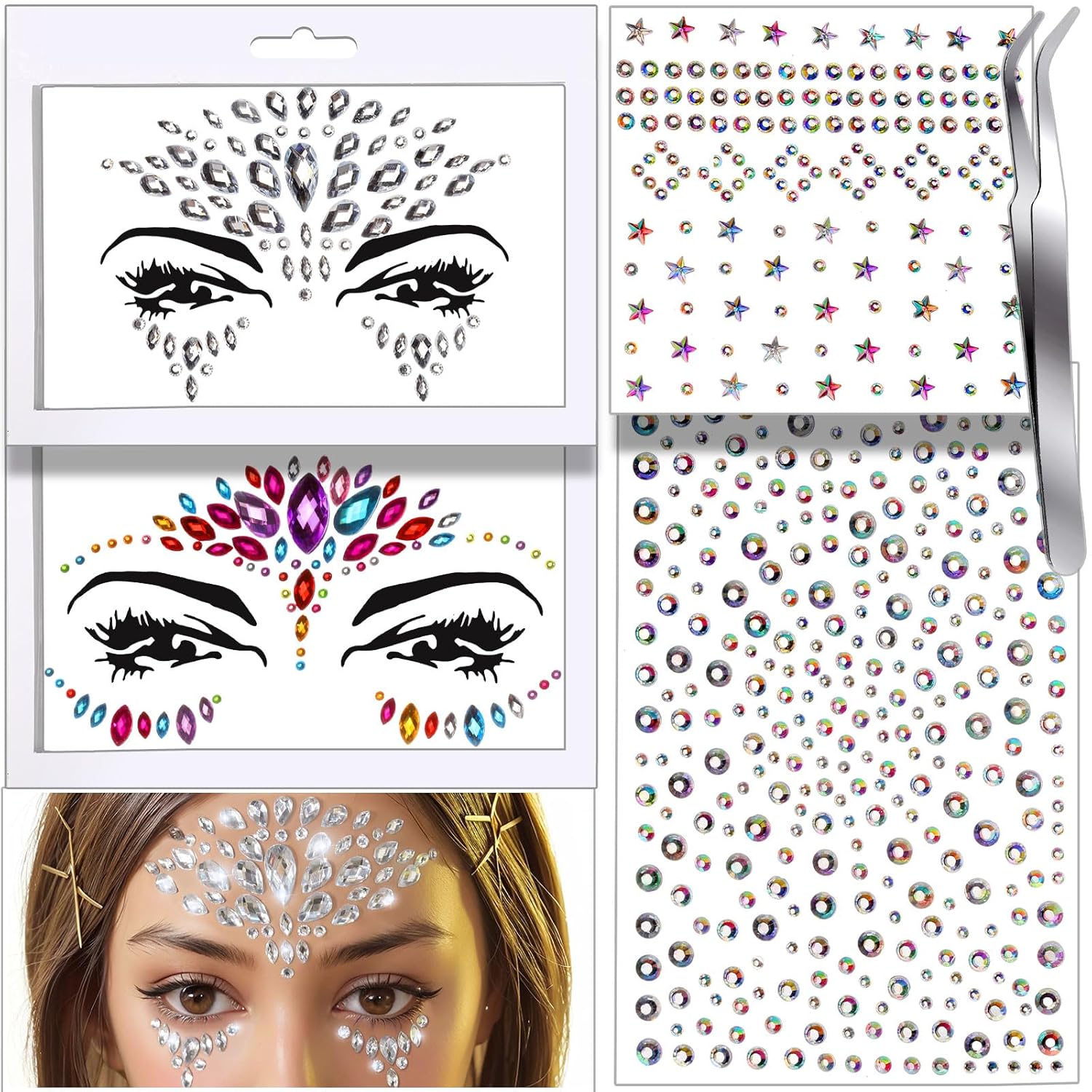 Teenitor Joyas faciales para festivales de rostro, diamantes de imitación para el rostro, gemas para el cabello, gemas para el ojo, gemas para el