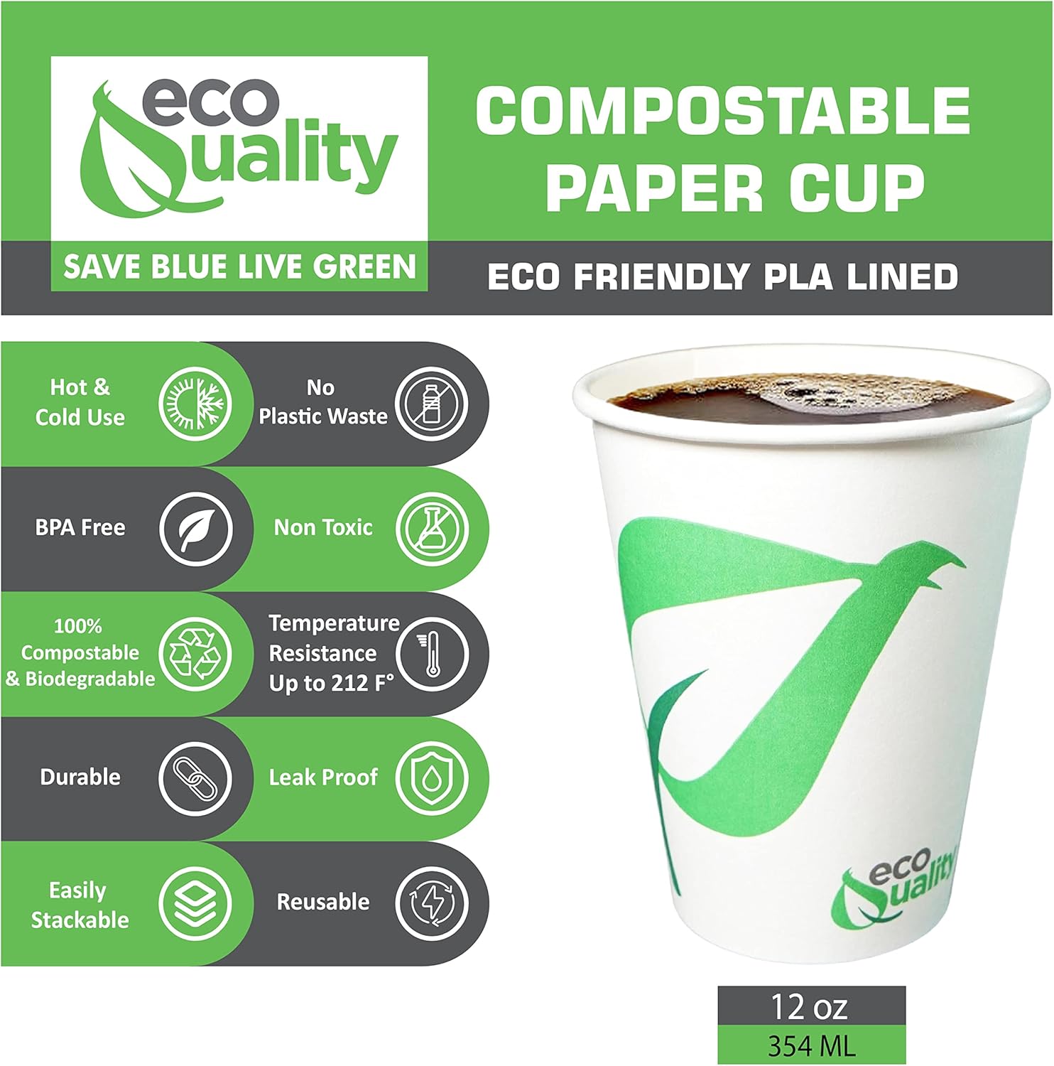 Vasos de papel compostables de 12 onzas, tazas de café de papel blanco biodegradables desechables con forro de ácido poliláctico (PLA), tazas