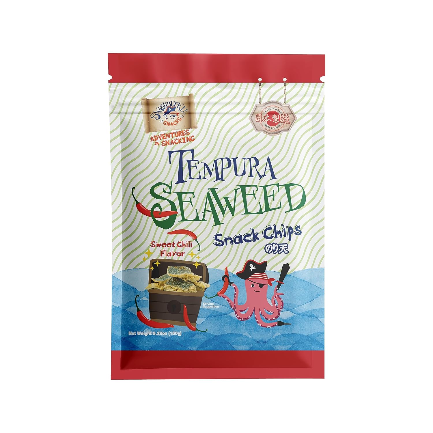 Swashbuckle Snacks Patatas fritas crujientes de algas marinas Tempura sabor dulce de chile 5.29 oz (150 g), fabricado en Japón, Otsumami