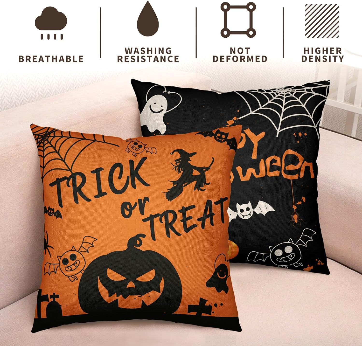 Fundas de almohada de Halloween de 16 x 16 pulgadas, protector de almohada de calabaza aterradora, murciélagos negros, bruja, juego de 2 fundas de