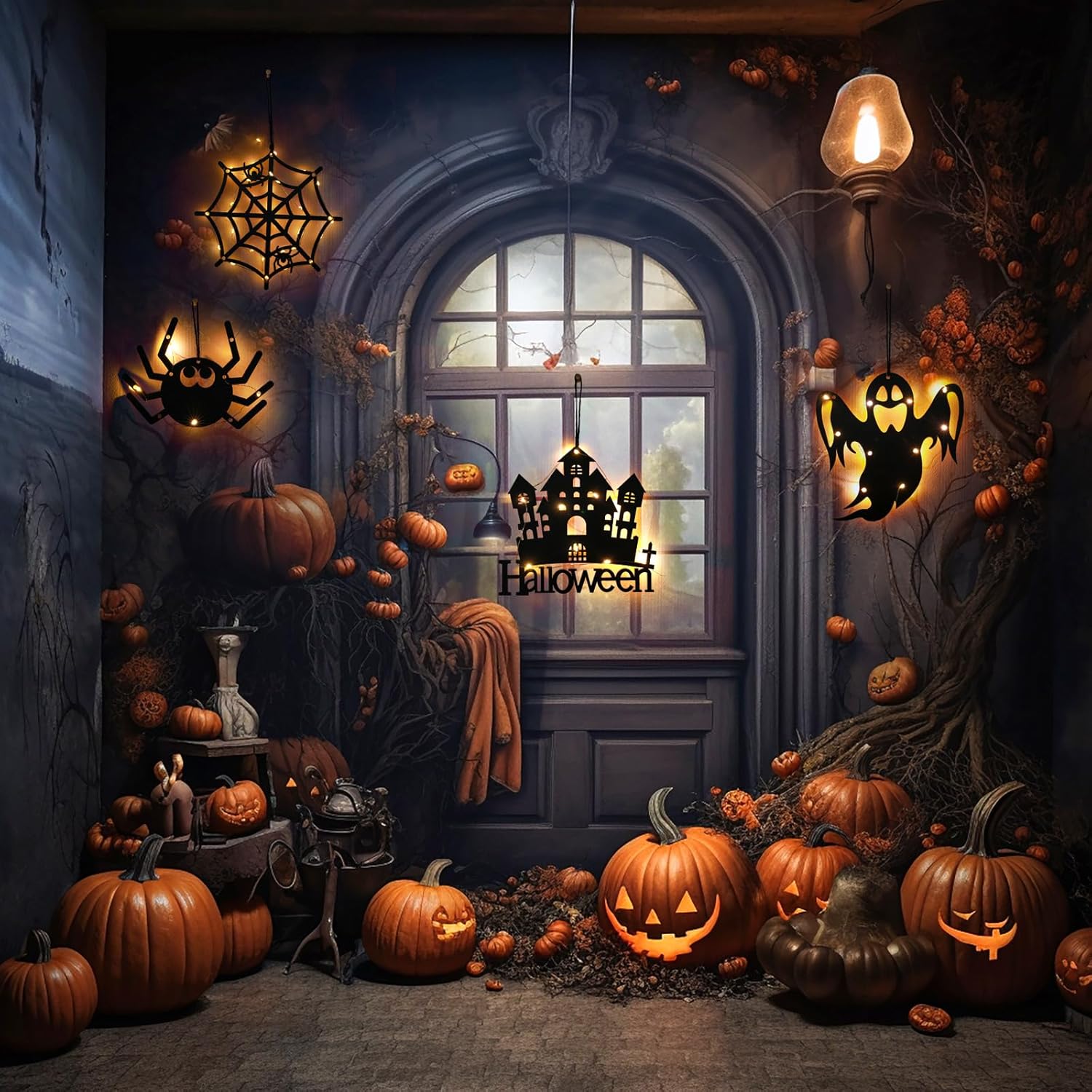 Rainhonor Decoraciones de Halloween, luces de calabaza de Halloween, para ventana, funciona con pilas, luces colgantes para ventana de interior,