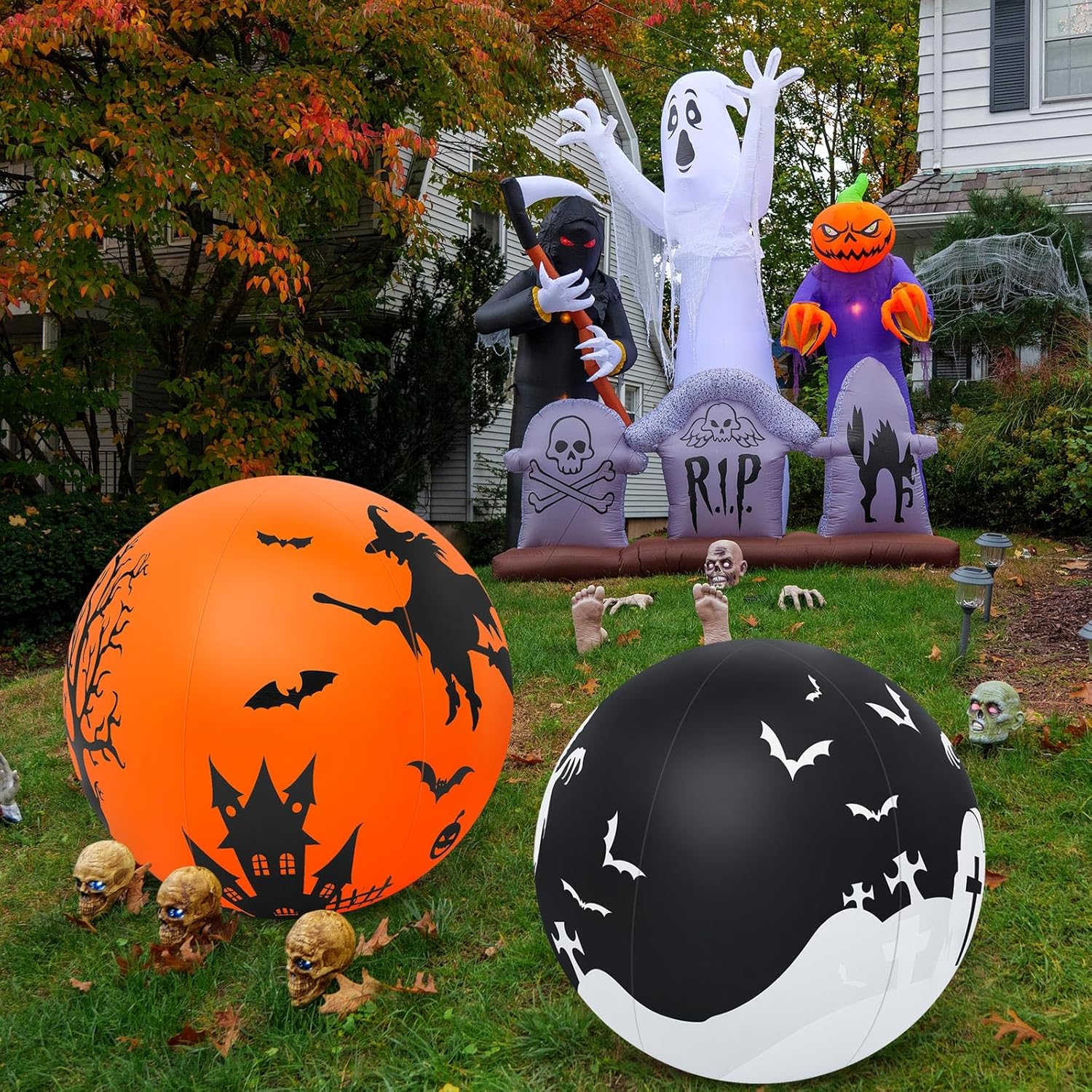 2 piezas de 27 pulgadas que brillan en la oscuridad enorme bola de Halloween con luz LED, bola inflable gigante de Halloween que brilla