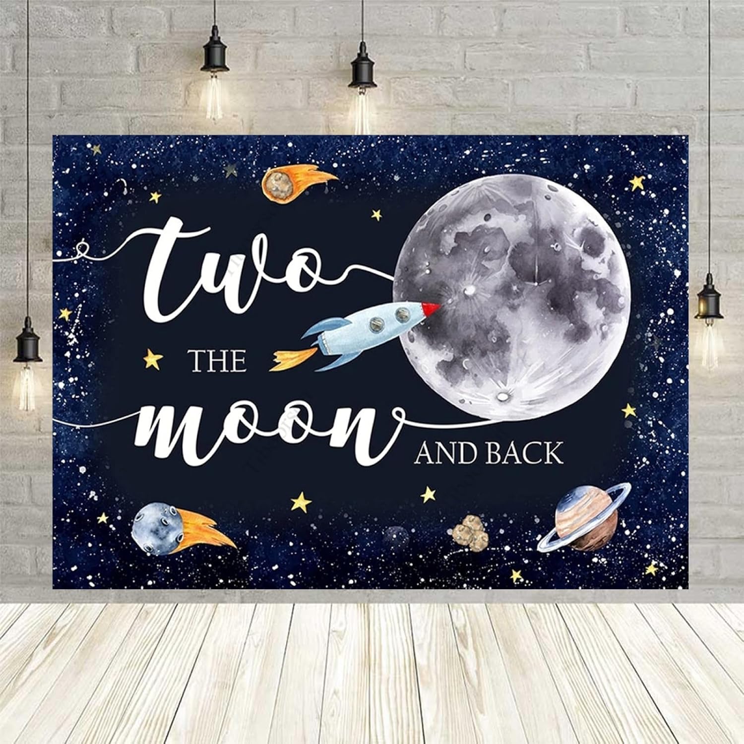 Fondo de feliz cumpleaños del espacio exterior con texto en inglés “Two The Moon”, decoración de fiesta de cumpleaños para niños, espacio exterior,