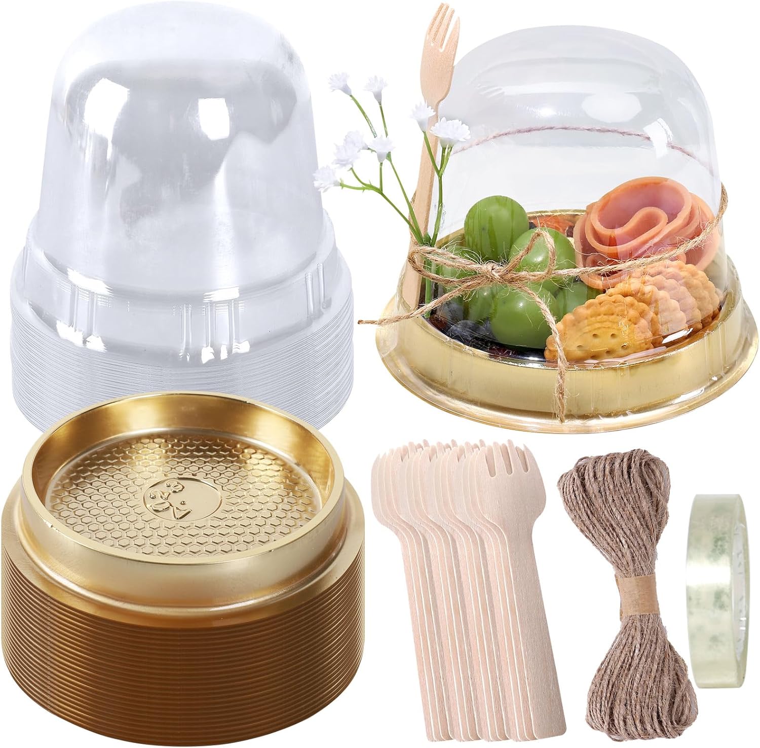 Whaline Juego de 50 vasos desechables individuales para cupcakes, de plástico transparente, con mini cuerda de madera para postizo de graduación,