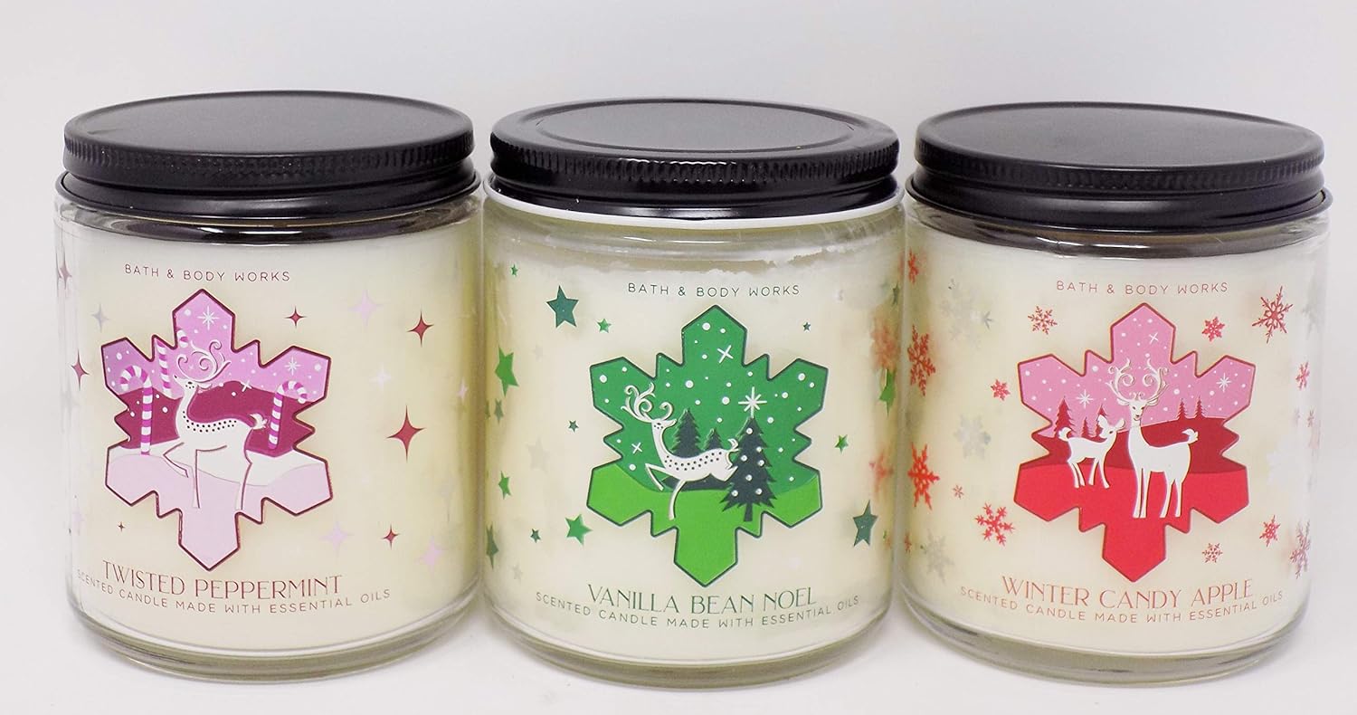 White Barn 3 velas de 1 mecha, 7 onzas, menta trenzada, manzana de caramelo de invierno, vainilla Noel para 2020