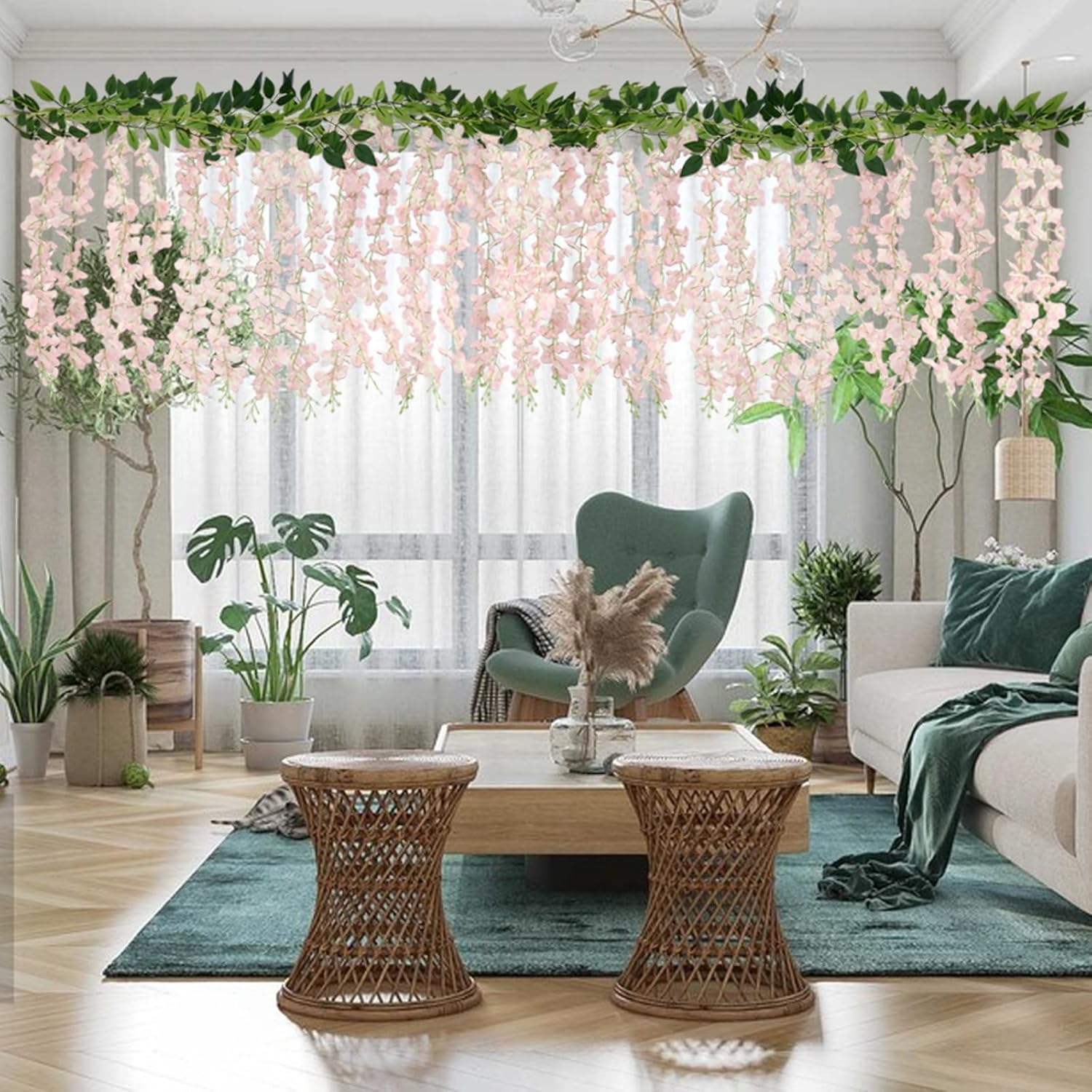 ZINHO Flores colgantes de glicinia, 60 ramas, guirnalda de flores de glicina rosa para decoración de boda, recepción, arco al aire libre, fiesta,