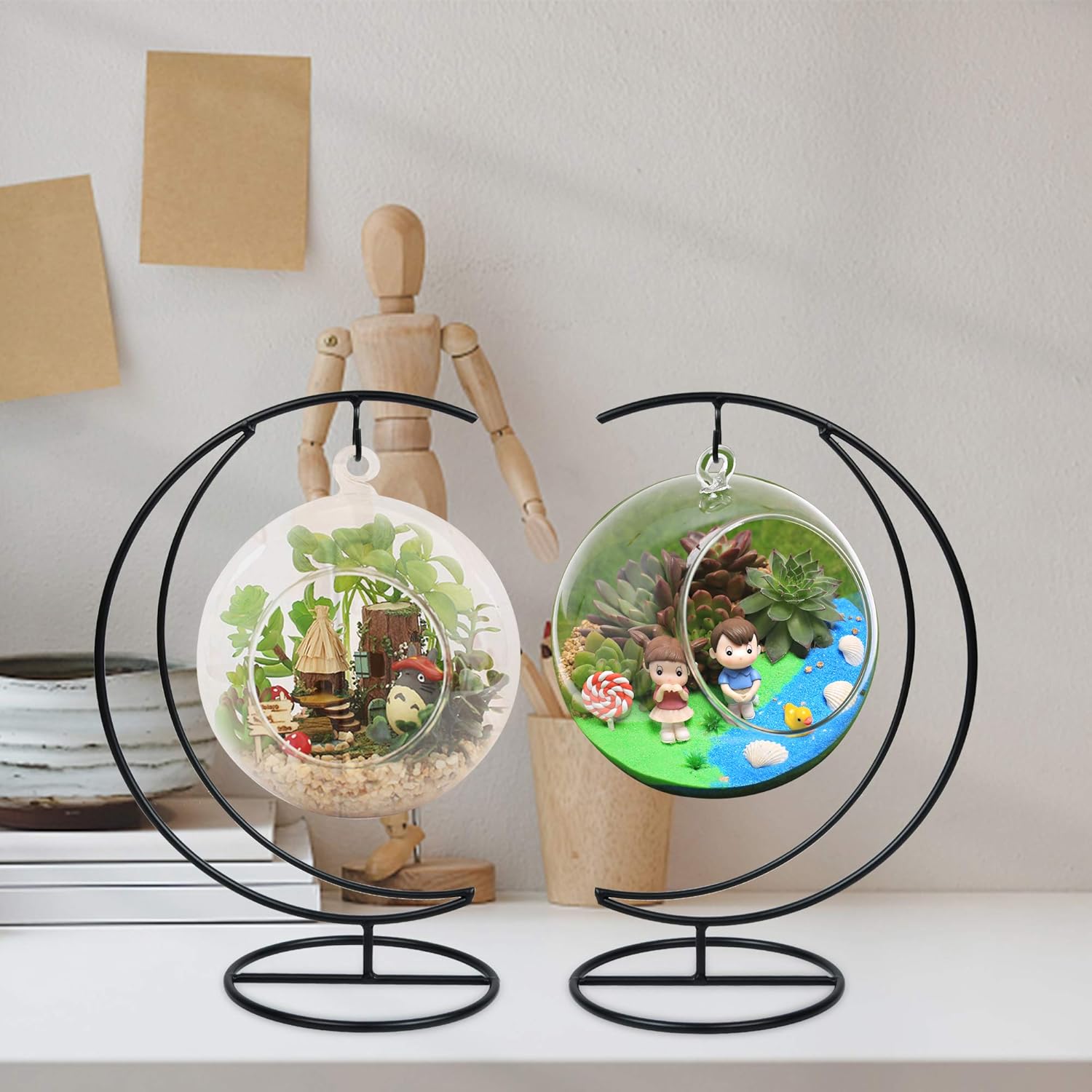 Akamino Soporte de exhibición de adornos, paquete de 2 soportes para macetas de flores de aire de media luna, estante de hierro para decoración de