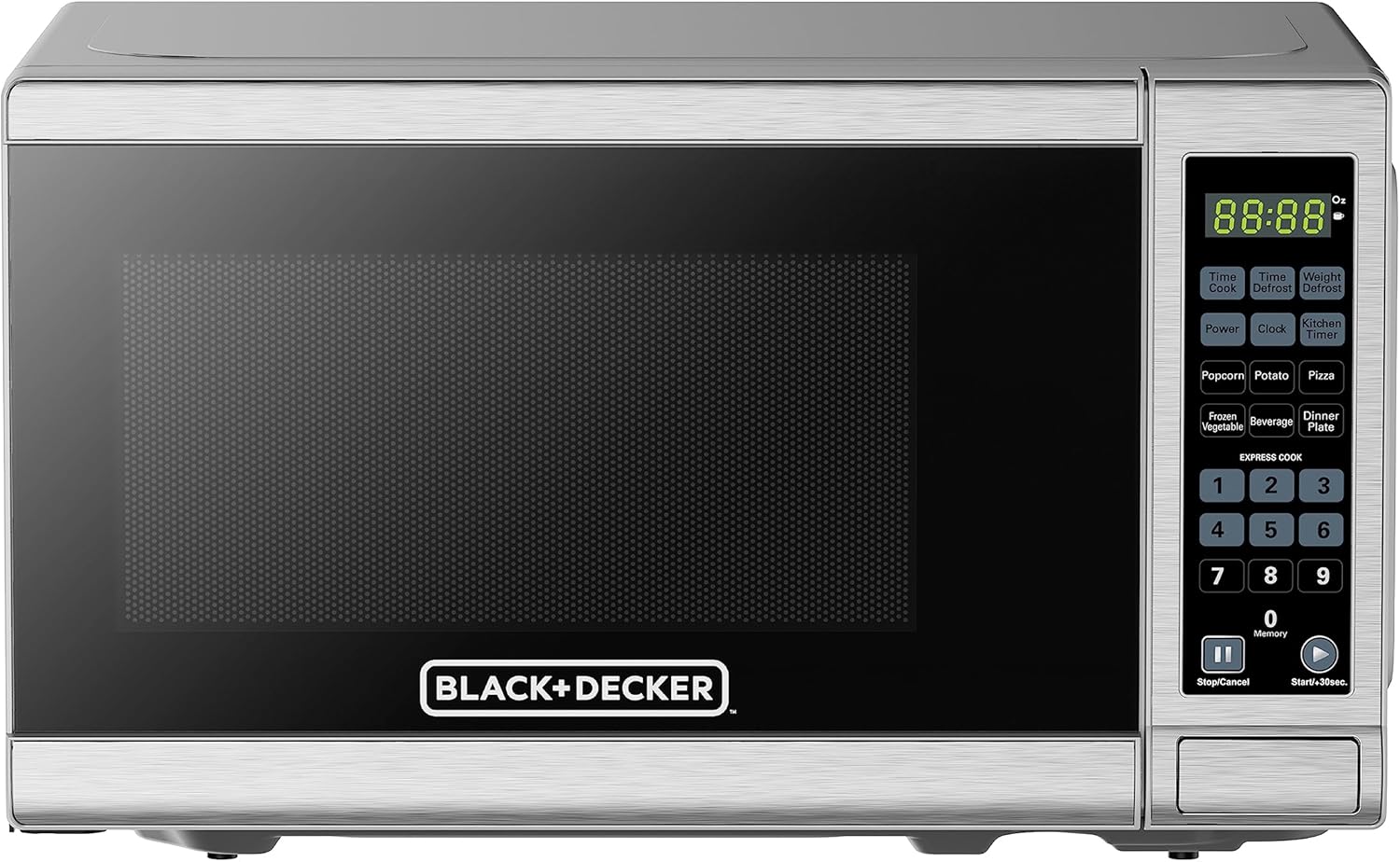 BLACK+DECKER Encimera compacta 0.7 pies cúbicos Horno de microondas digital de 700 vatios, iluminación LED, cerradura para niños, acero inoxidable