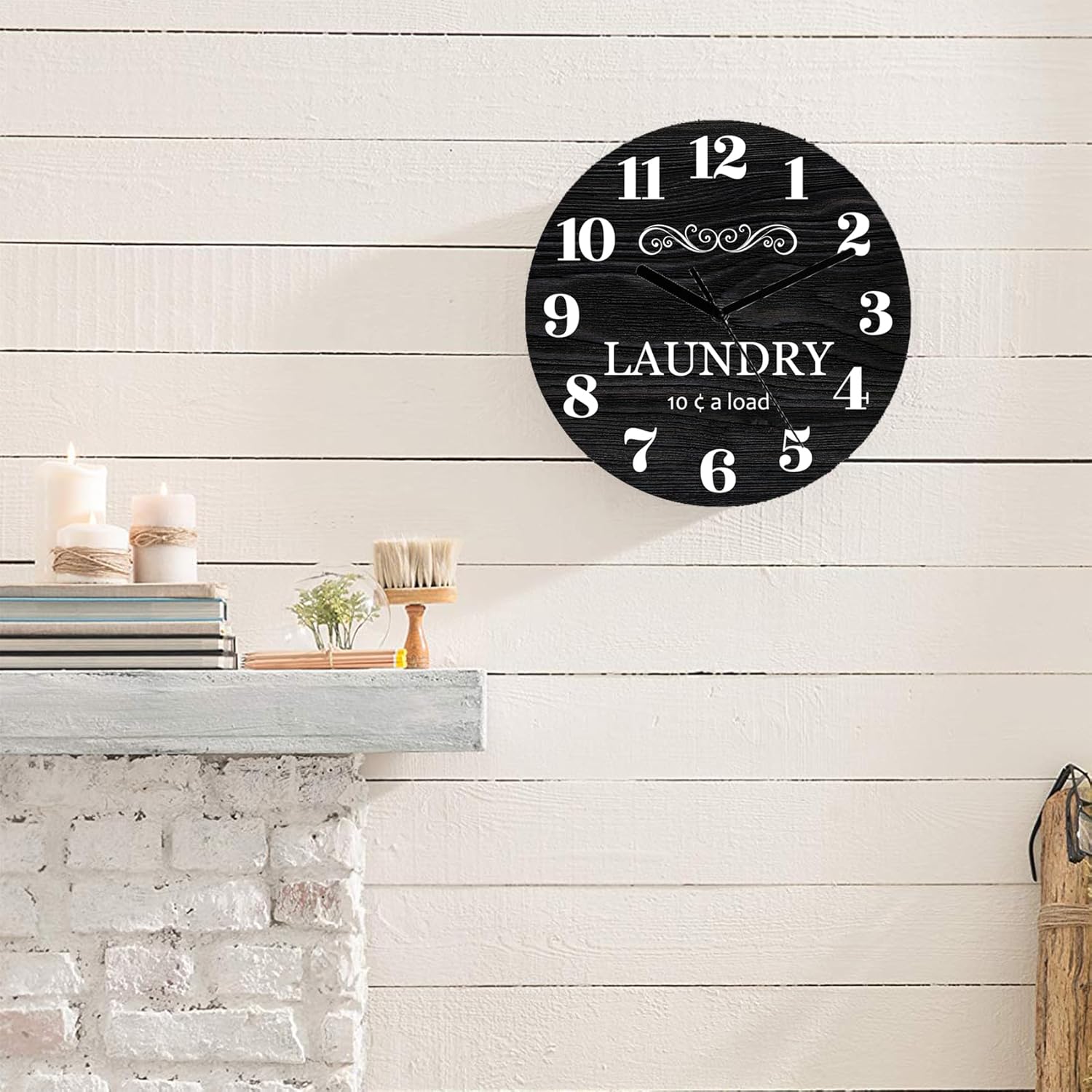 Reloj de pared redondo personalizado para lavandería, color negro, fácil de leer, analógico, rústico, funciona con pilas, silencioso, sin tictac,