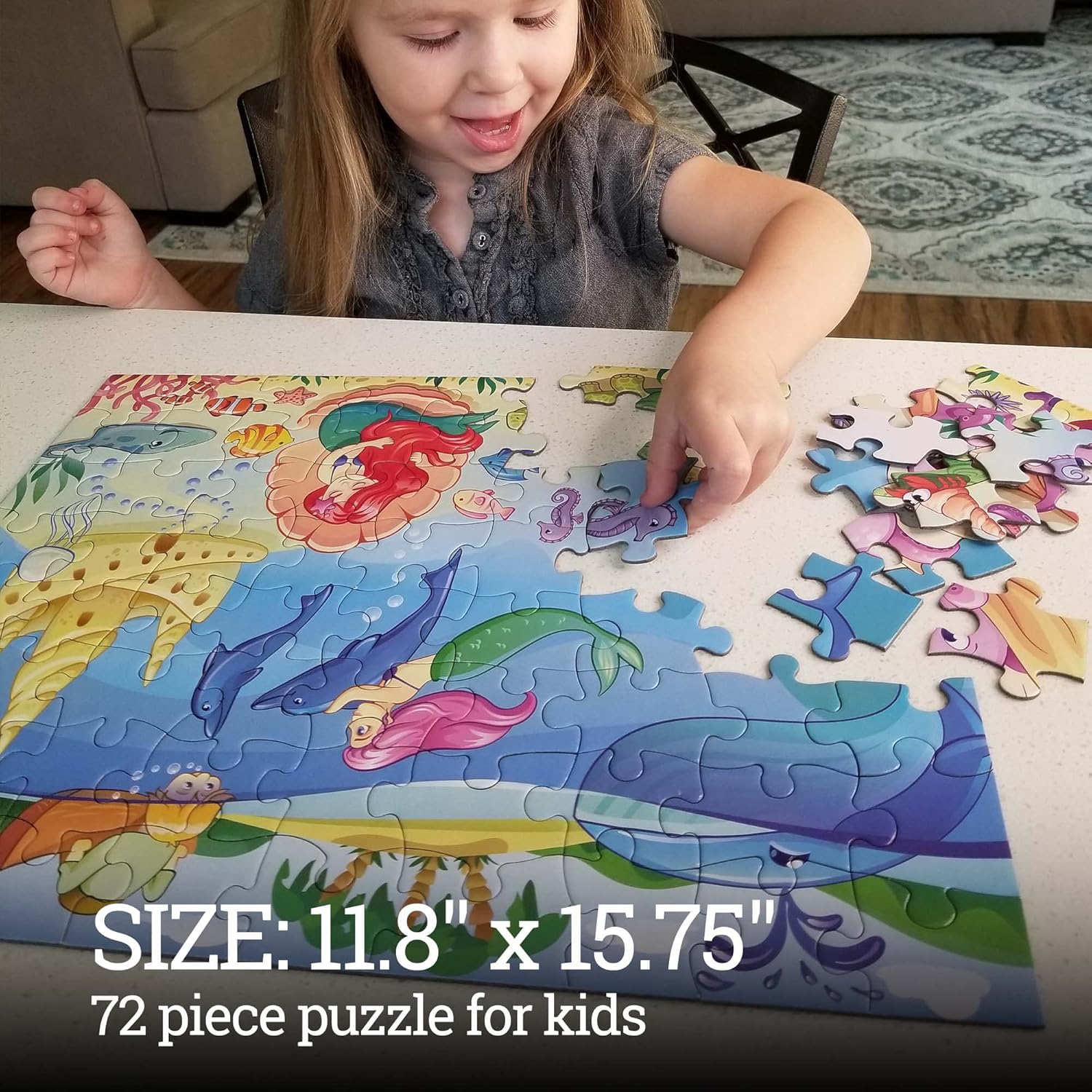 Rompecabezas para niños (72 piezas) – Rompecabezas duraderos para niños de 4 a 8 años – Diseño de sirena con piezas gruesas y caja resistente