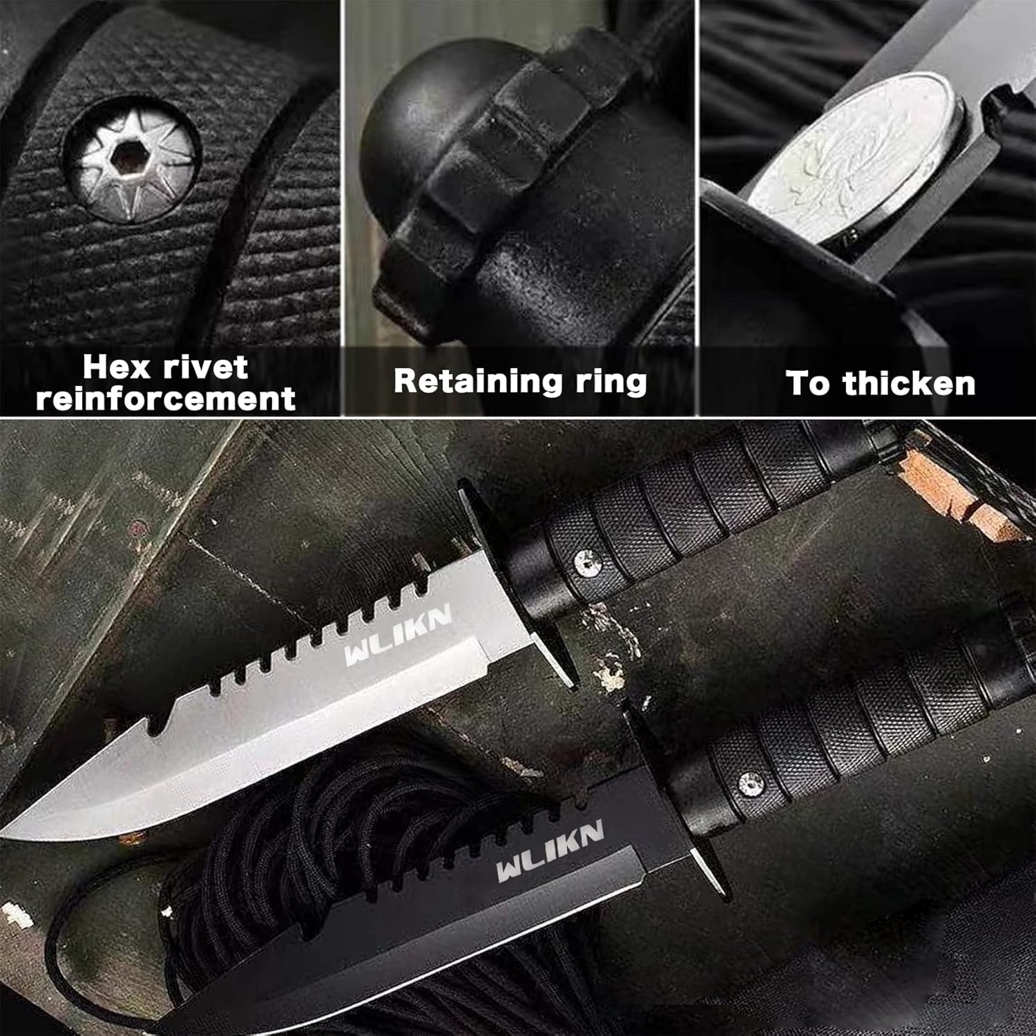 Wlikn Cuchillo de hoja fija con funda, cuchillo Bowie de supervivencia de hoja de un solo borde de 5 pulgadas con mango antideslizante, para