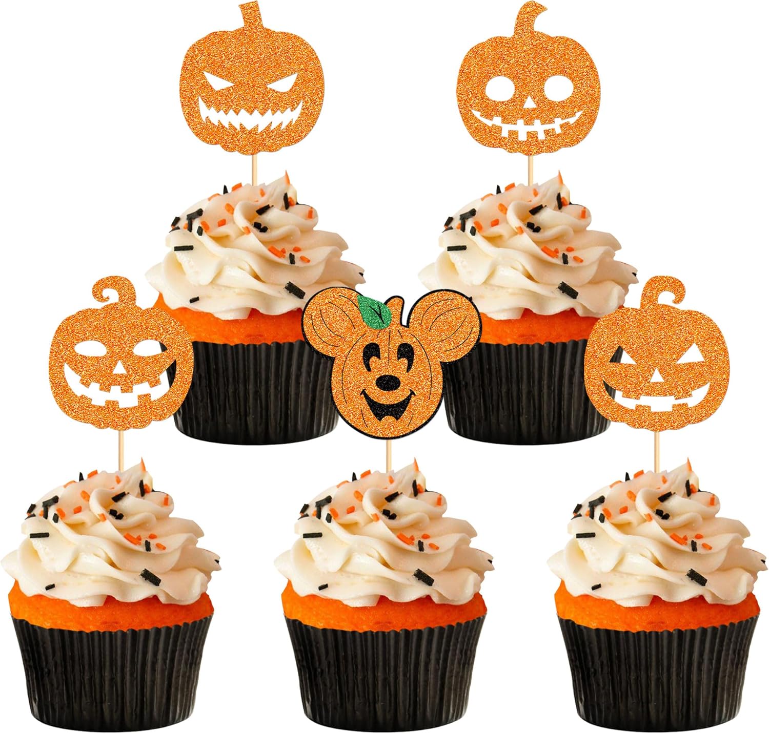 Ercadio Paquete de 30 adornos de calabaza para cupcakes de Halloween con purpurina de terror de calabaza para cupcakes Jack-O-Lantern para temática
