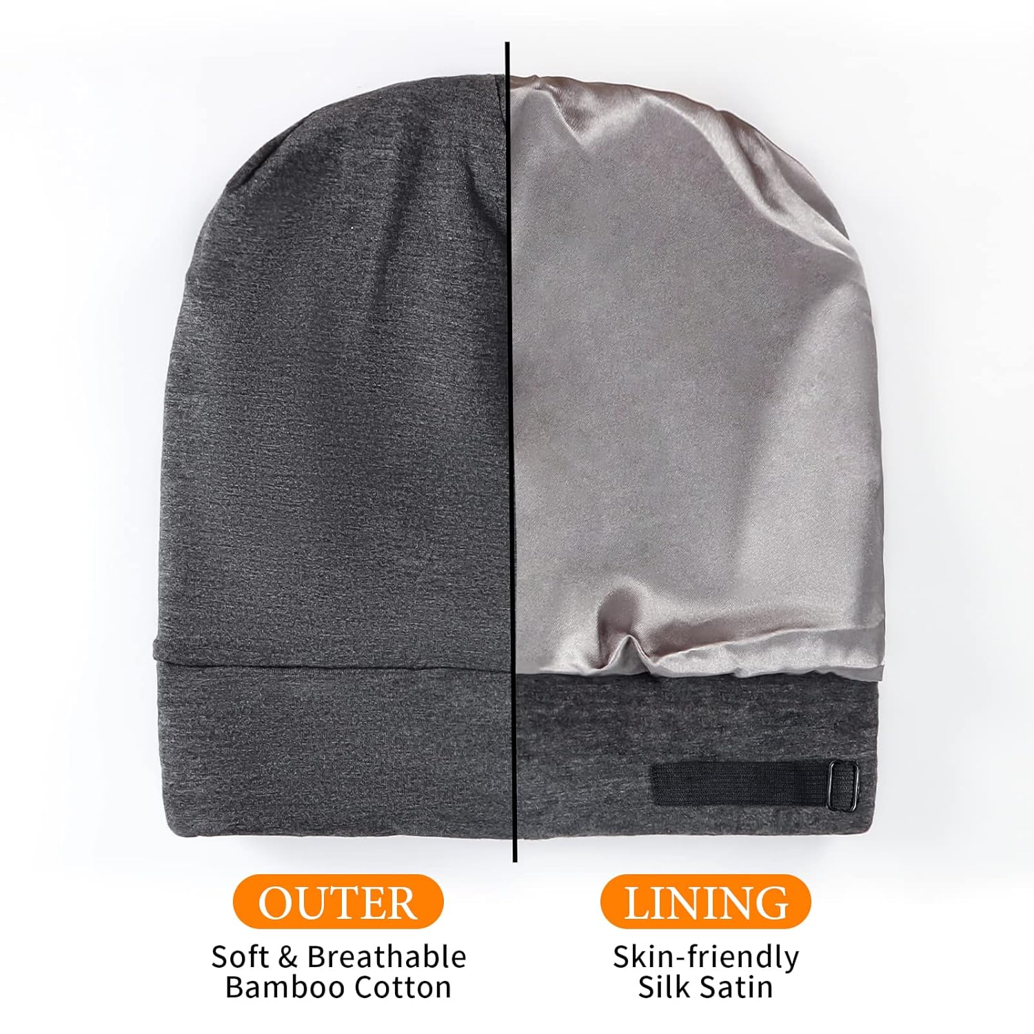 Kenllas Large Sleeping Bonnet for Men – Winter Adjustable Double Layer Silk Satin & Bamboo Cotton Cap for Dreadlock Braid Hair Care Dark Gray