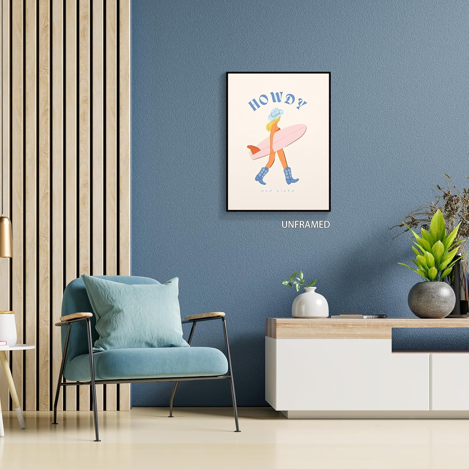 gooptyinh Lienzo decorativo de pared de vaquera costera de moda, póster estético de habitación de niña surfista azul Howdy y Aloha, decoración de