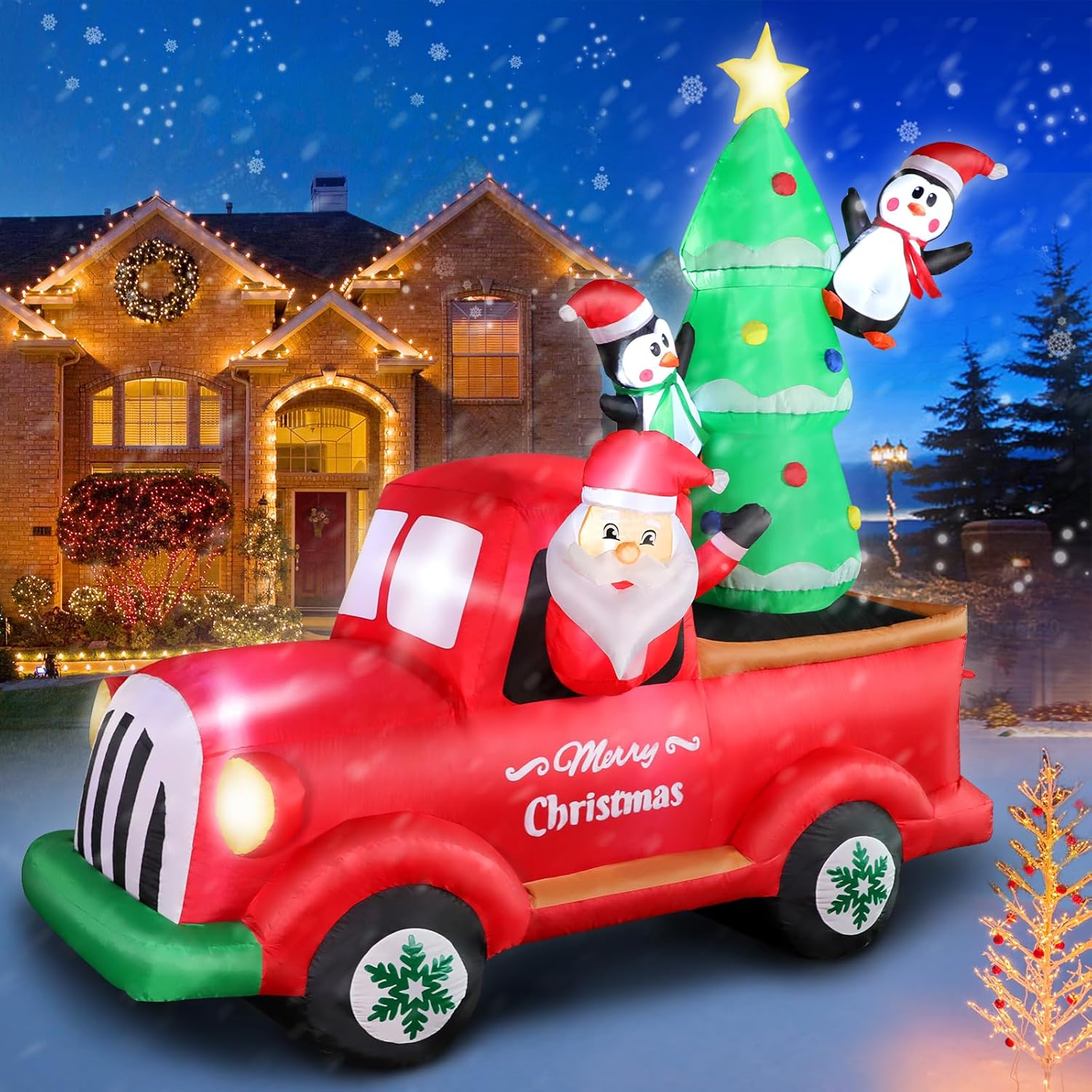 Camión rojo inflable de Papá Noel de 7 pies con árbol de Navidad y pingüinos, decoraciones al aire libre con luces integradas para Navidad,