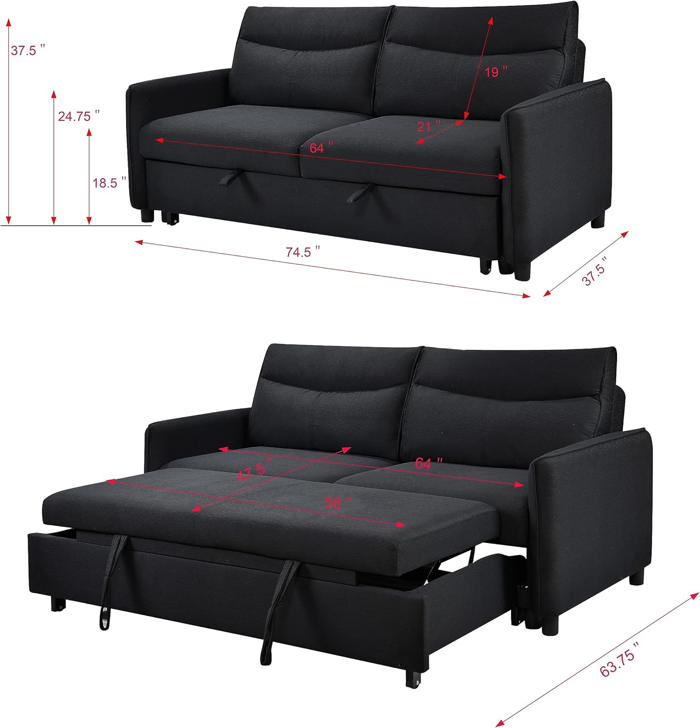 Eafurn Sofá biplaza futón con cama extraíble, tapizado 3 en 1, sofá cama convertible reclinable con respaldo ajustable, sofá cama Sofacama, tamaño